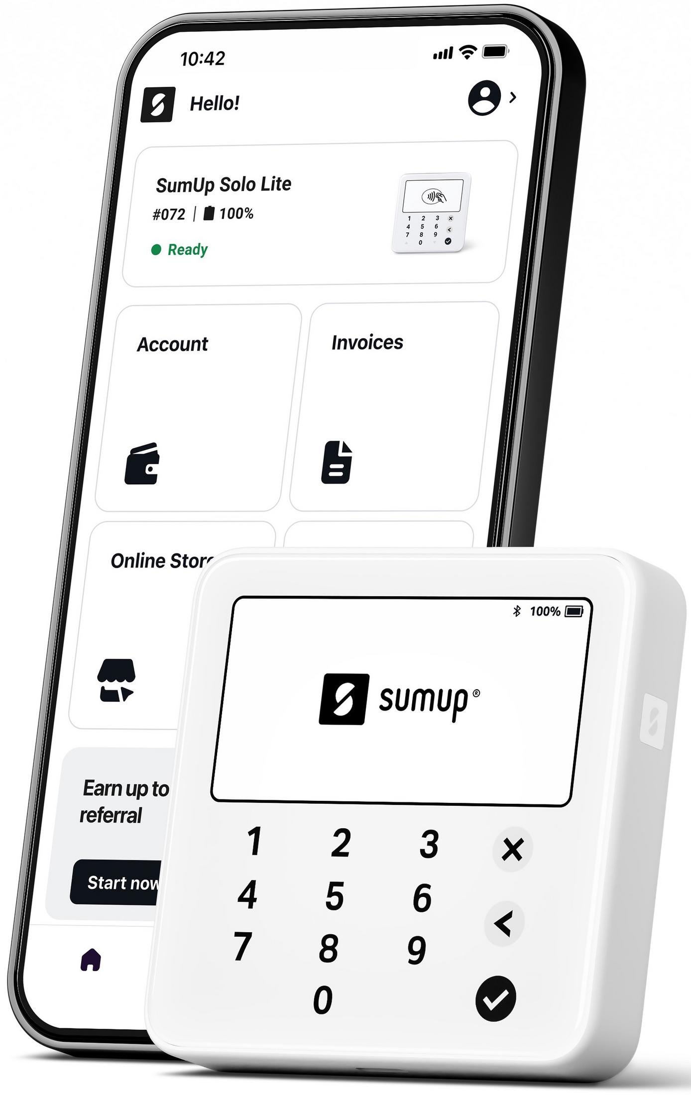 Ein Smartphone zeigt die SumUp App. Daneben liegt ein SumUp Kartenterminal.