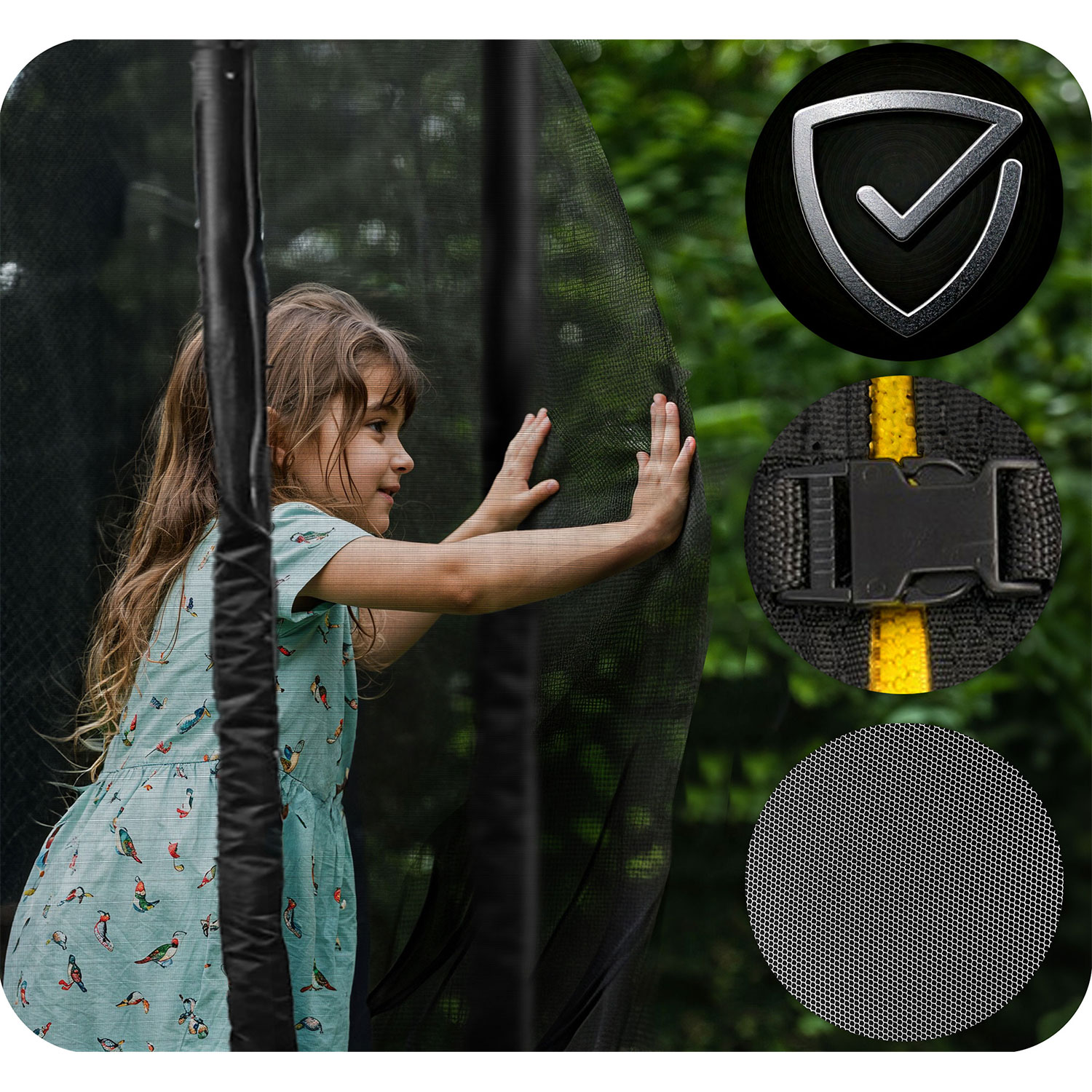 Dziewczynka dotyka siatki trampoliny, obok symbole bezpieczeństwa.