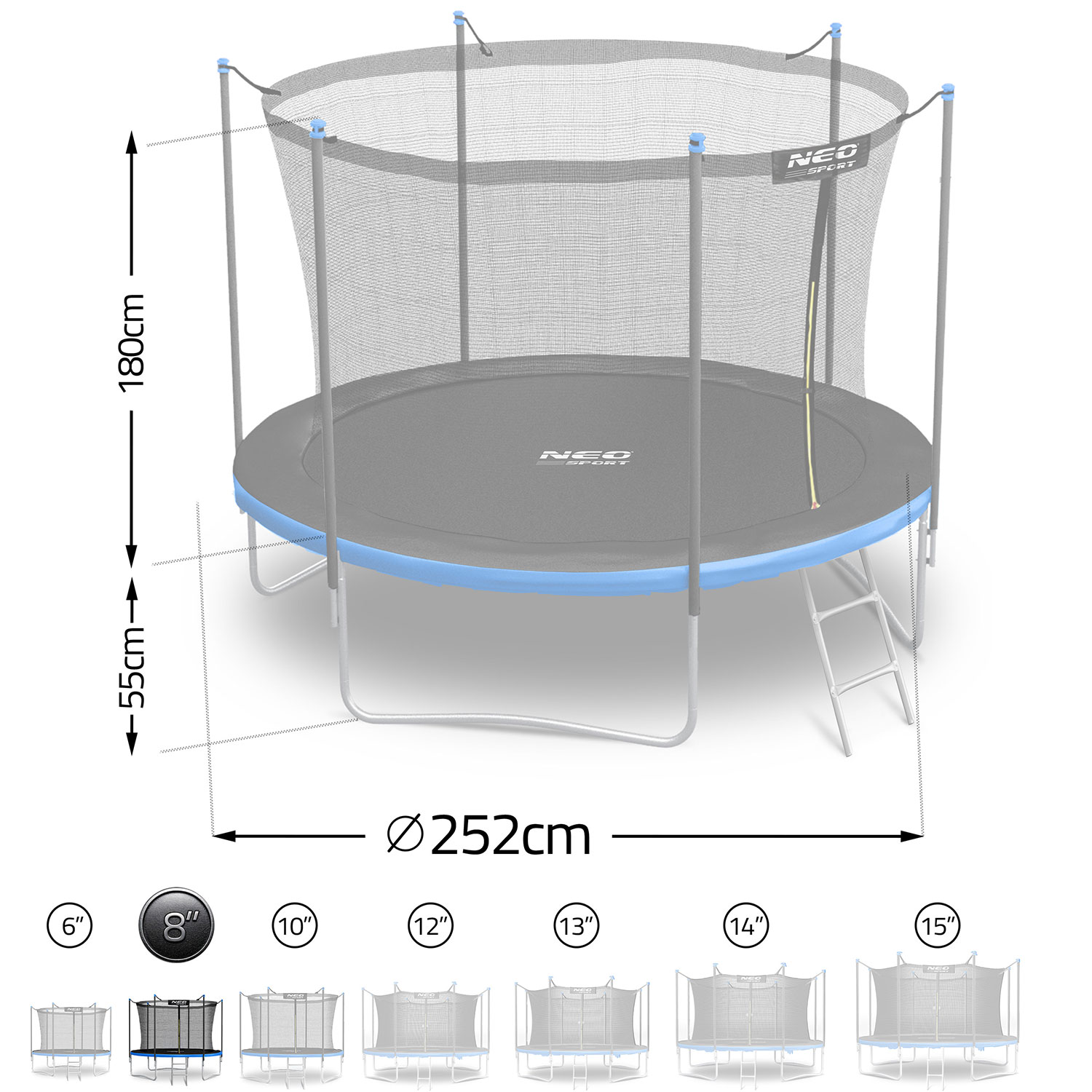 Okrągła trampolina z siatką zabezpieczającą, niebieskim brzegiem i drabiną. Wymiary: 252cm Ø, 180cm wys.