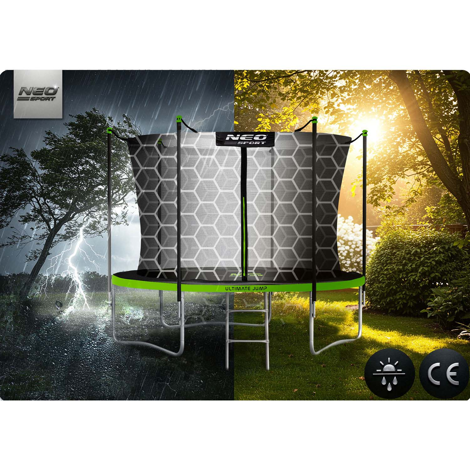 Trampolina podczas burzy i słońca. Z siatką zabezpieczającą i drabiną.