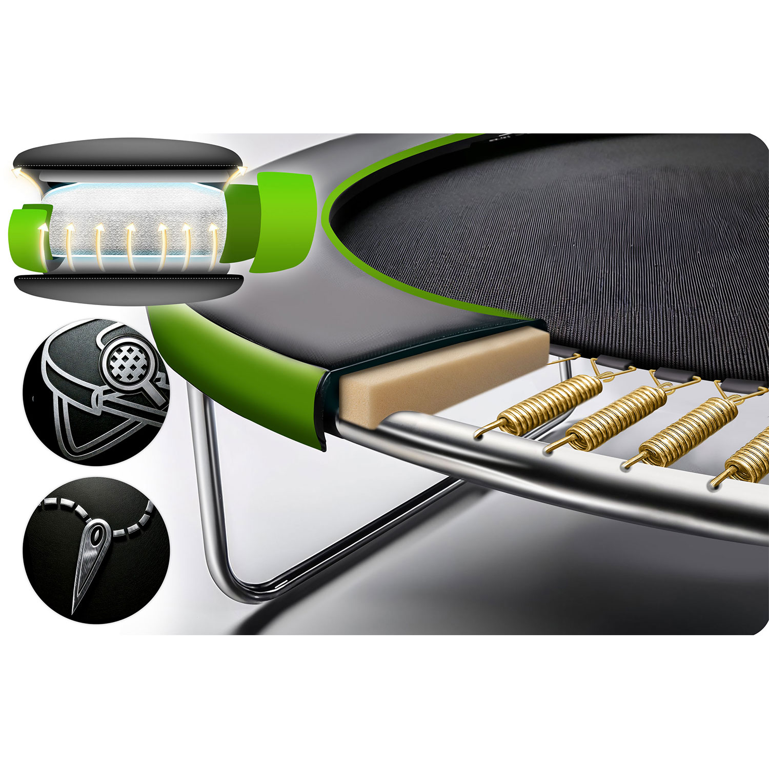 Zbliżenie trampoliny pokazujące detale sprężyn i wyściółki piankowej.