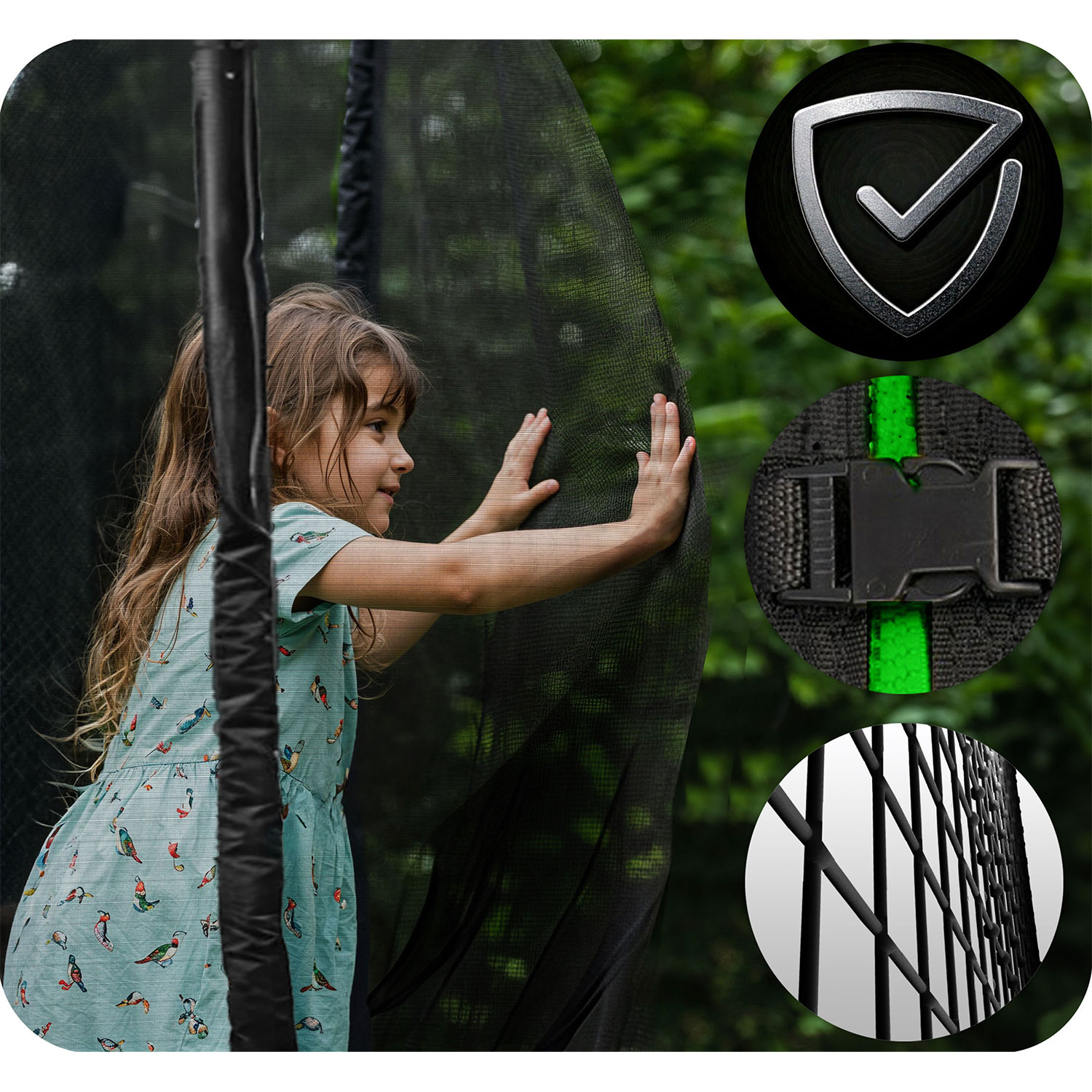 Dziewczynka patrzy na siatkę trampoliny; detale: tarcza, klamra, sprężyny.