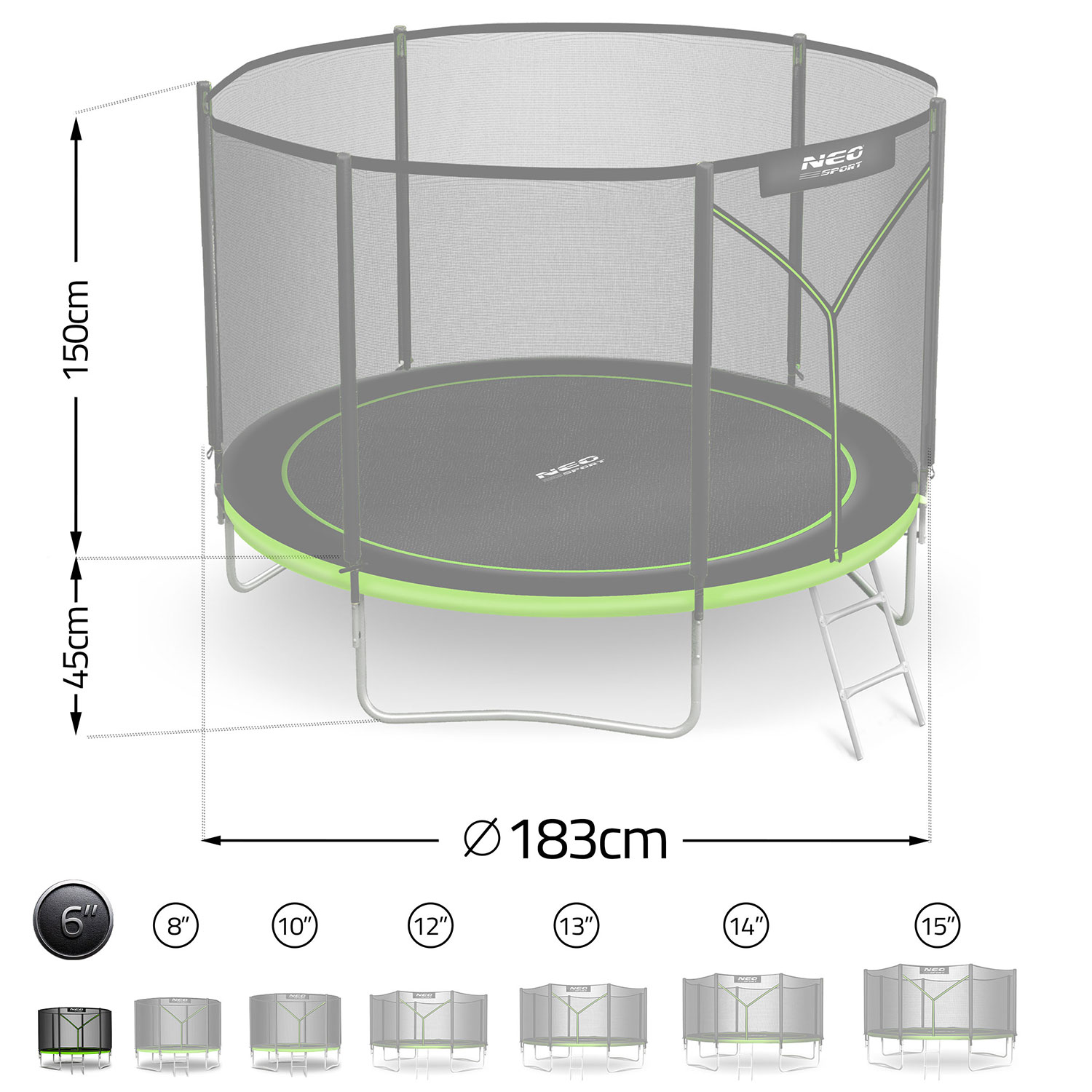 Okrągła trampolina z siatką zabezpieczającą. Wymiary: średnica 183cm, wysokość 150cm.