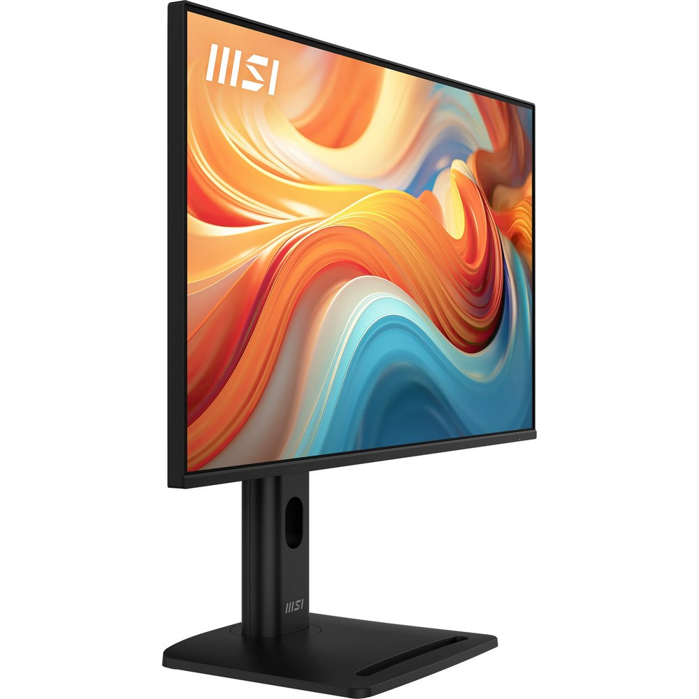 Czarny monitor MSI wyświetlający kolorową, abstrakcyjną tapetę.