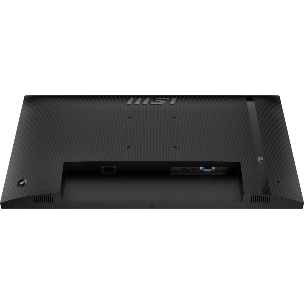 Tył czarnego monitora MSI z portami: zasilania, HDMI, DP, VGA. Powierzchnia teksturowana.