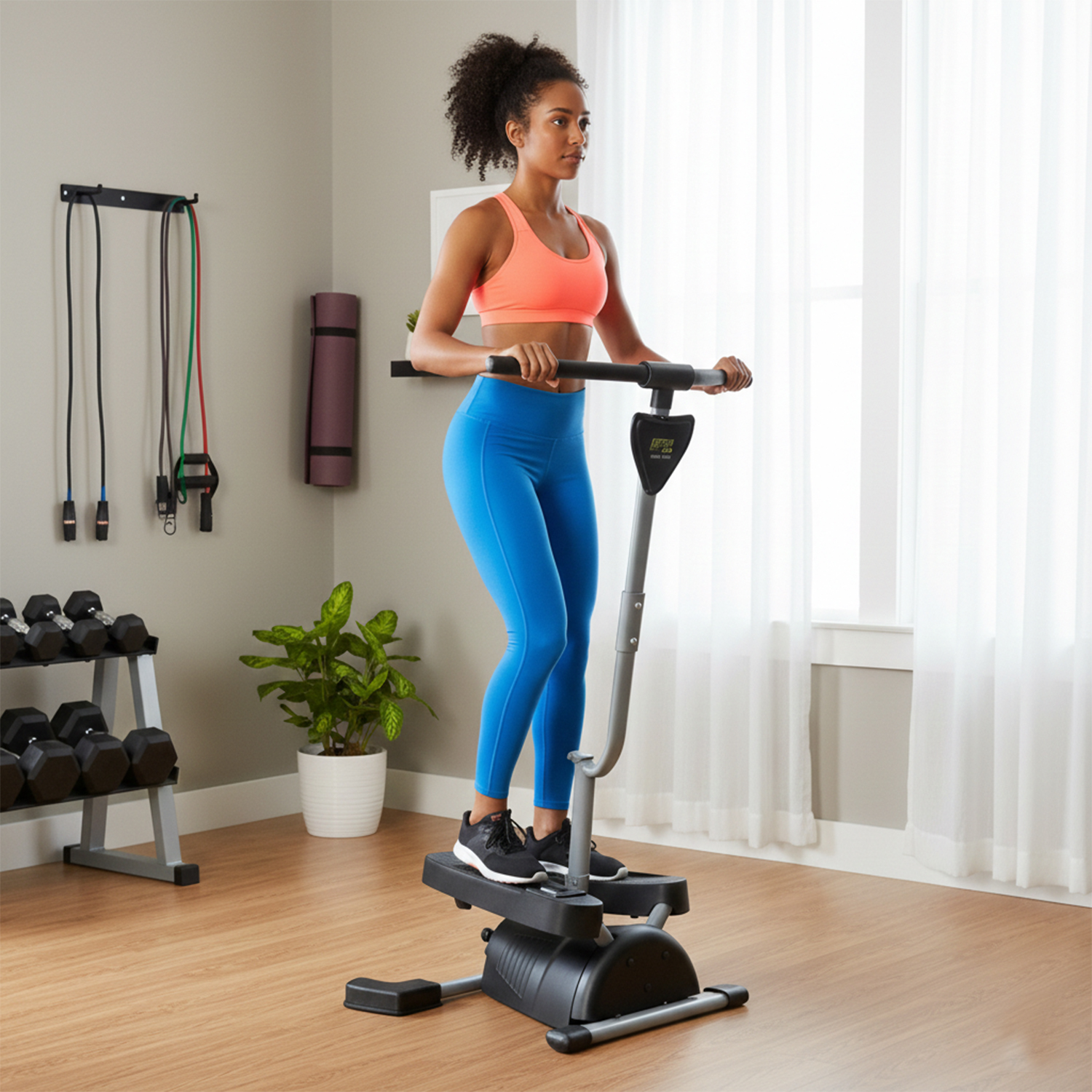 Mujer con top naranja y leggings azules usa una máquina stepper en un gimnasio en casa.