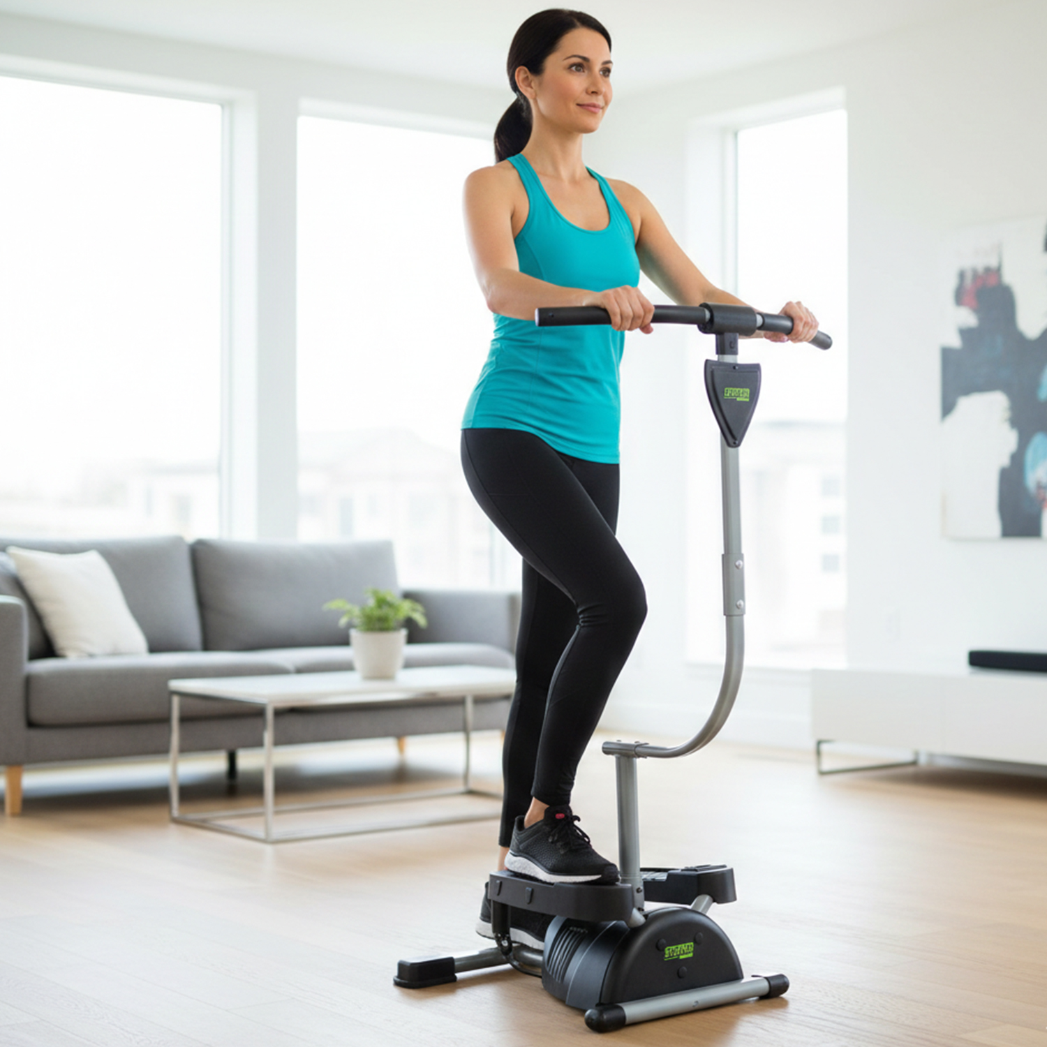 Una mujer se ejercita en una máquina de fitness en casa.