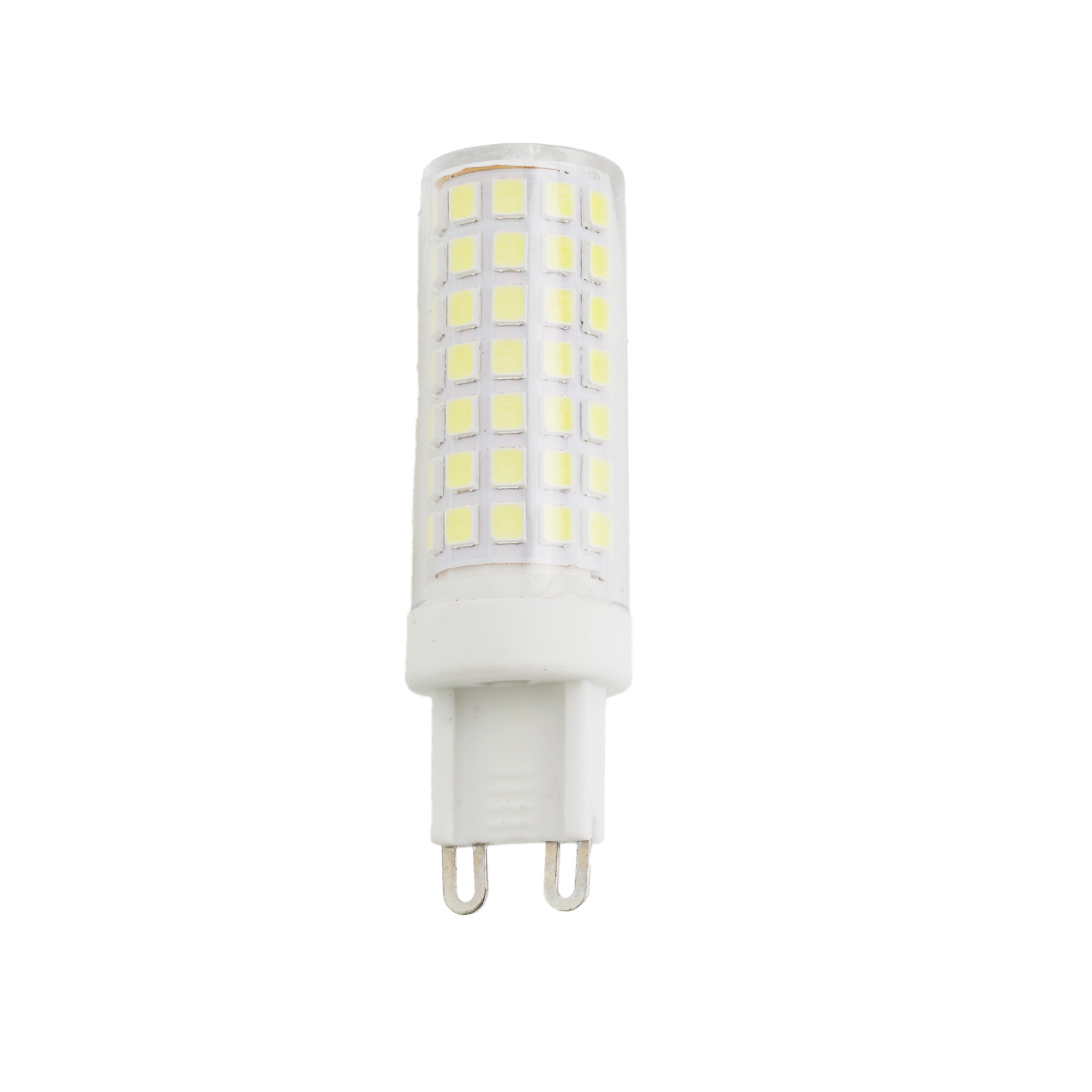 Una bombilla LED blanca con dos pines y muchas luces pequeñas.
