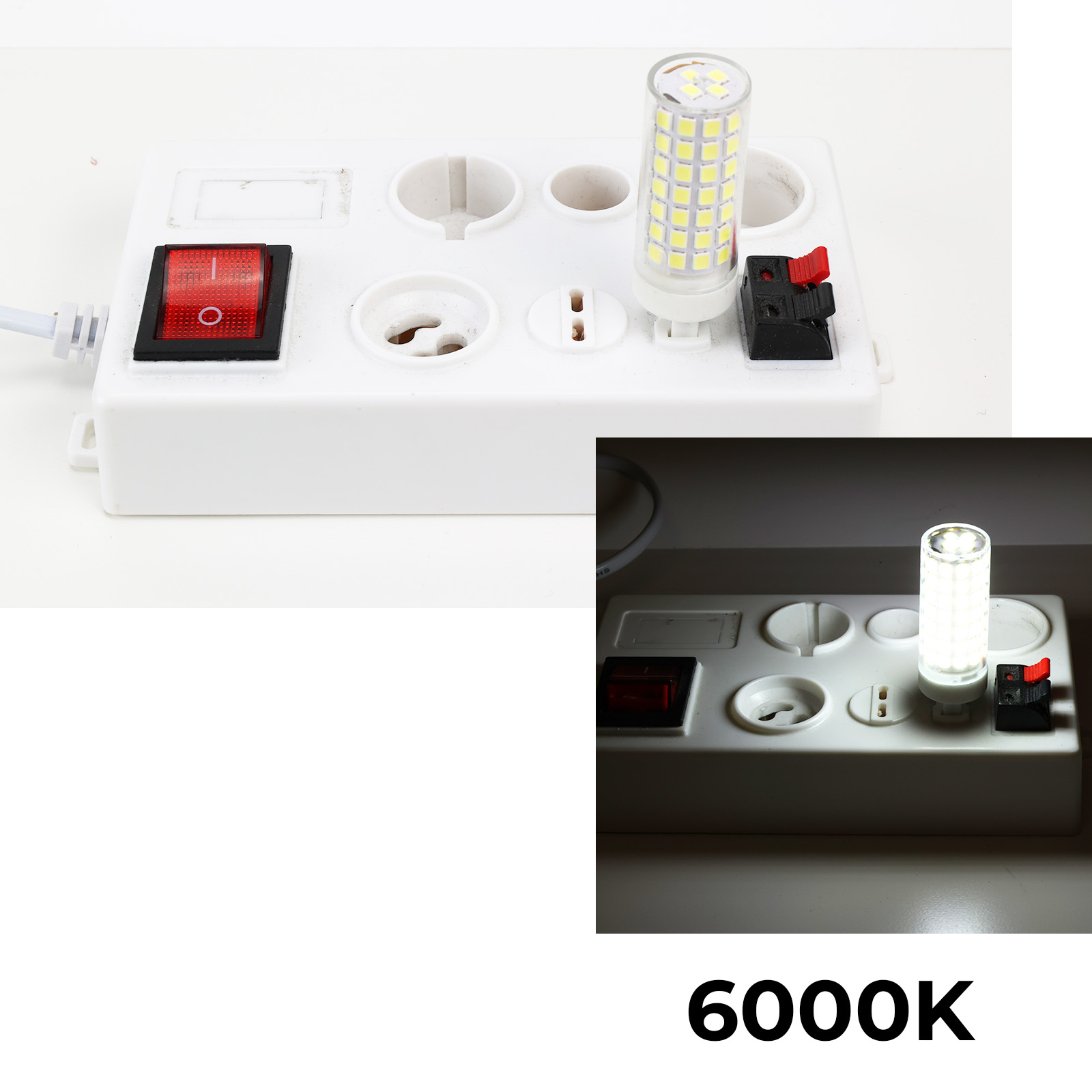 Regleta blanca con interruptor rojo y bombilla LED encendida.