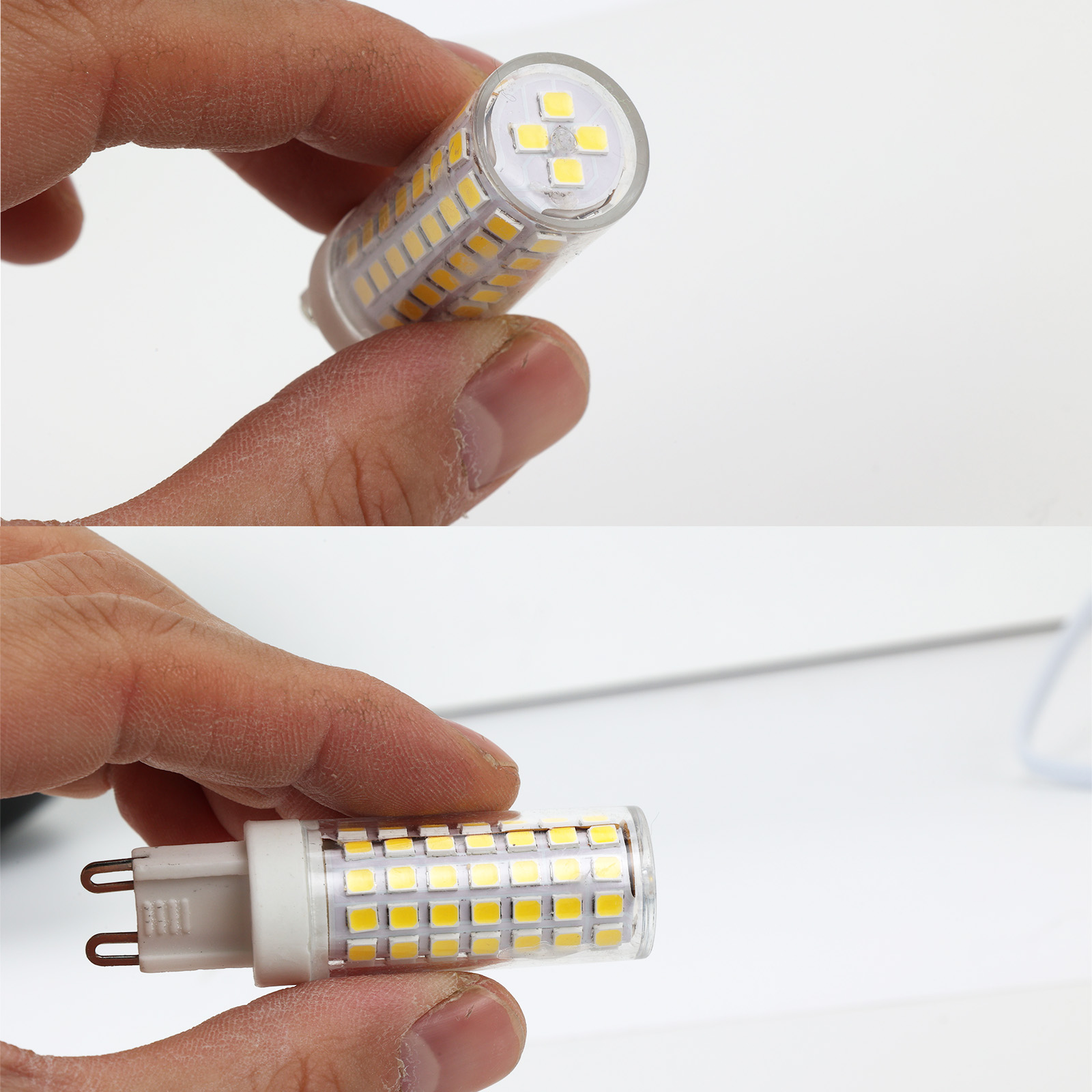 Una mano sostiene una bombilla LED G4 pequeña con dos pines.