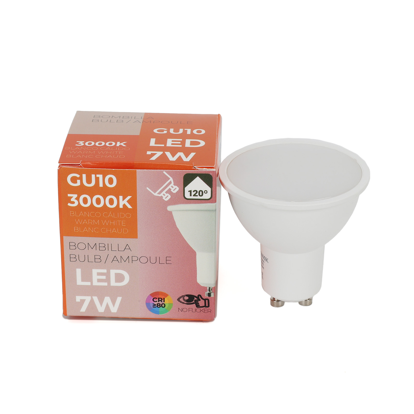 Una bombilla LED GU10 de 7W, 3000K blanco cálido, junto a su caja.