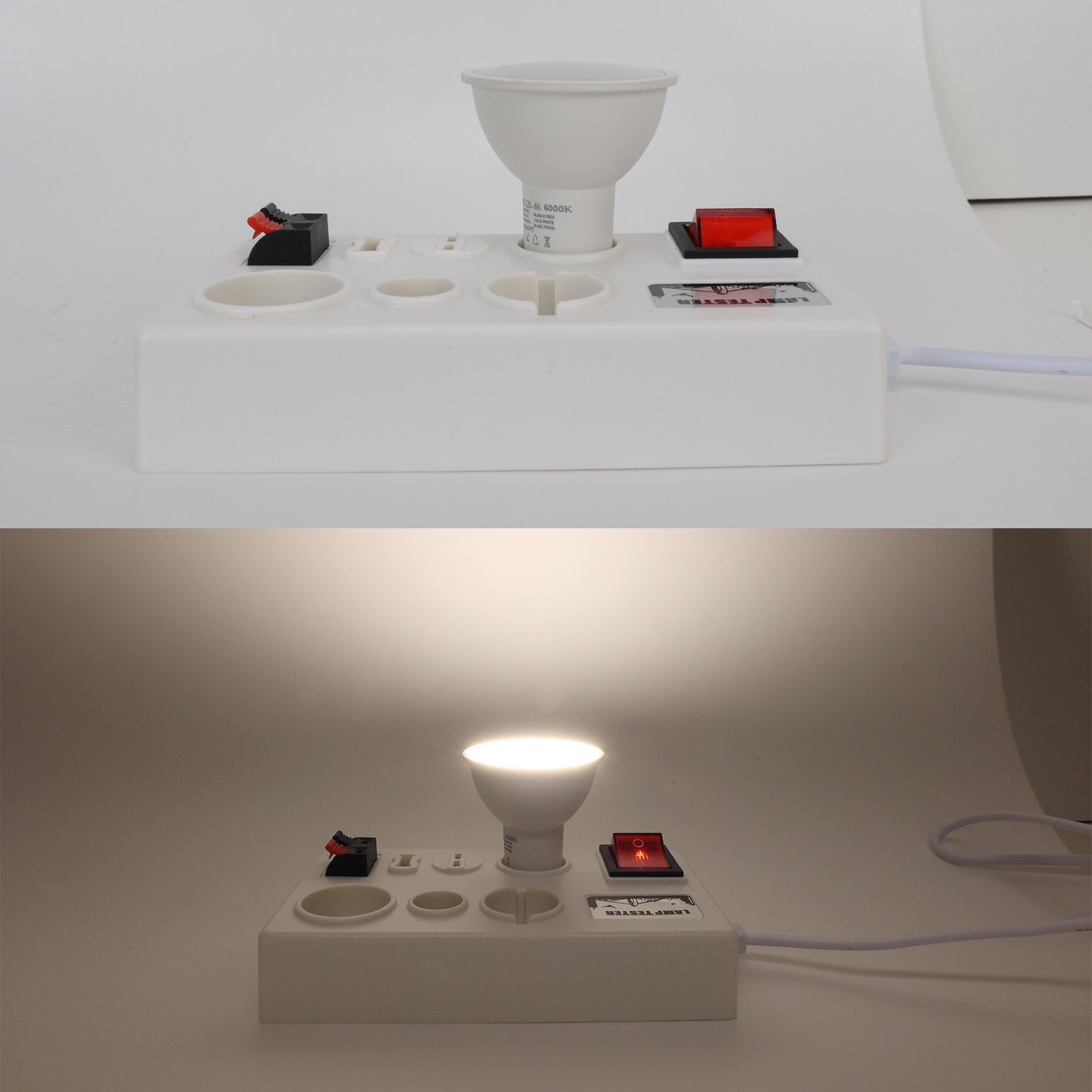 Un dispositivo de prueba blanco con una bombilla enchufada que está encendida.