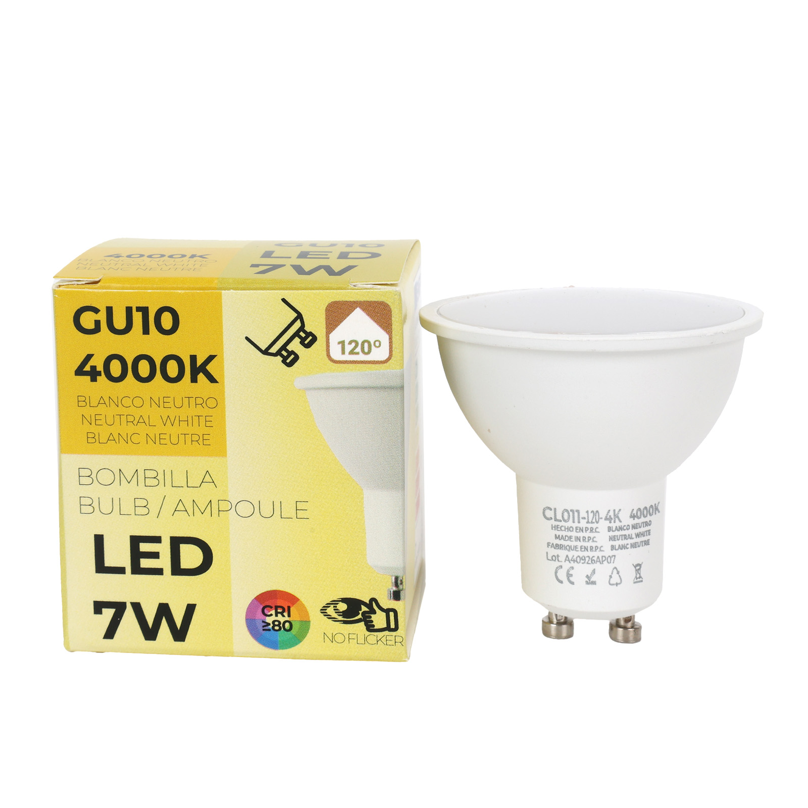 Embalaje de una bombilla LED GU10 de 7W con 4000K y una bombilla al lado.