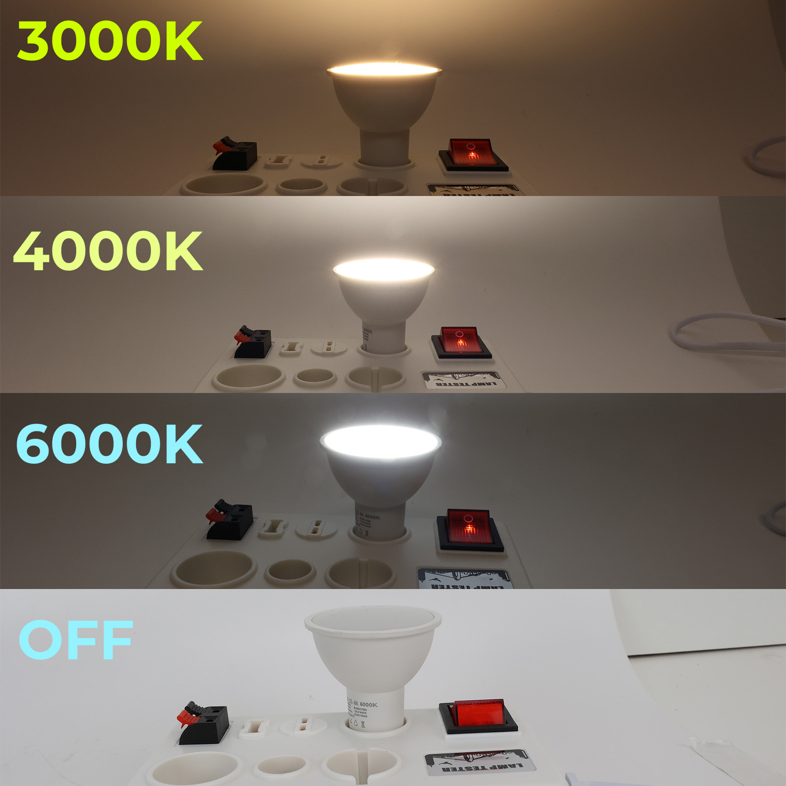 Prueba de lámpara: 3000K, 4000K, 6000K y APAGADO. Muestra diferencias de temperatura color.
