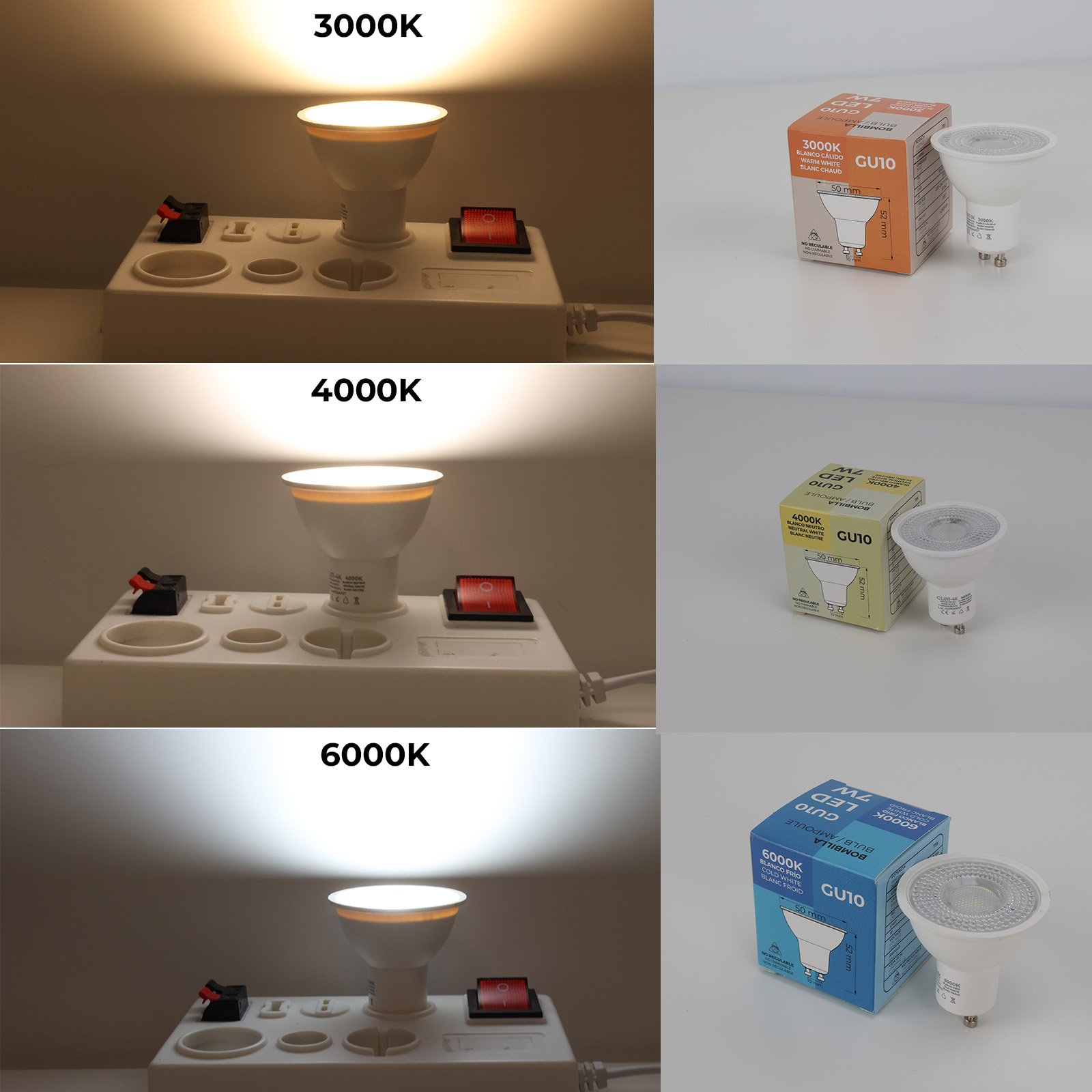 Tres bombillas LED mostrando diferentes temperaturas de color: 3000K, 4000K, 6000K.