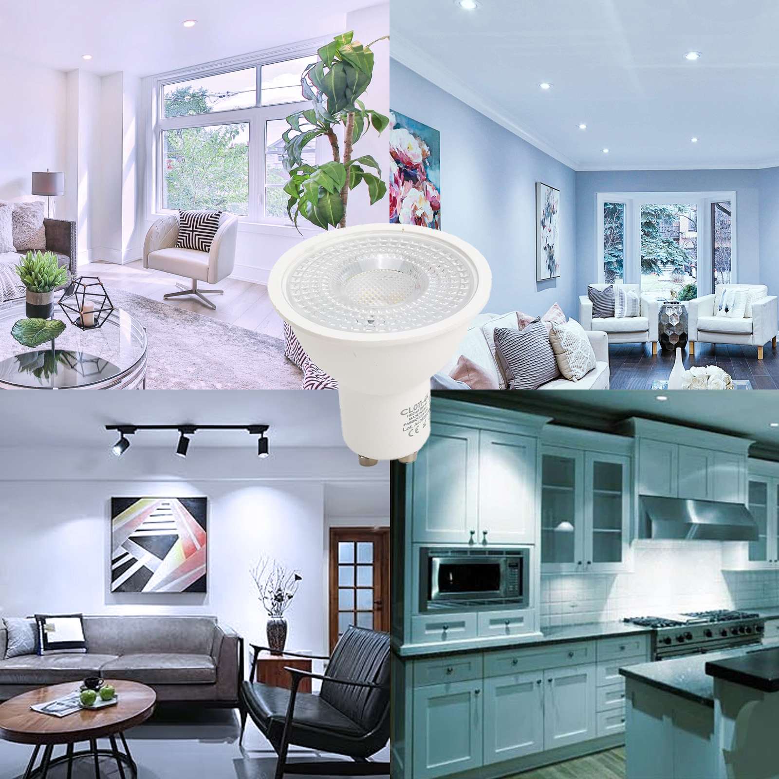 Collage de salas, cocina y una bombilla.