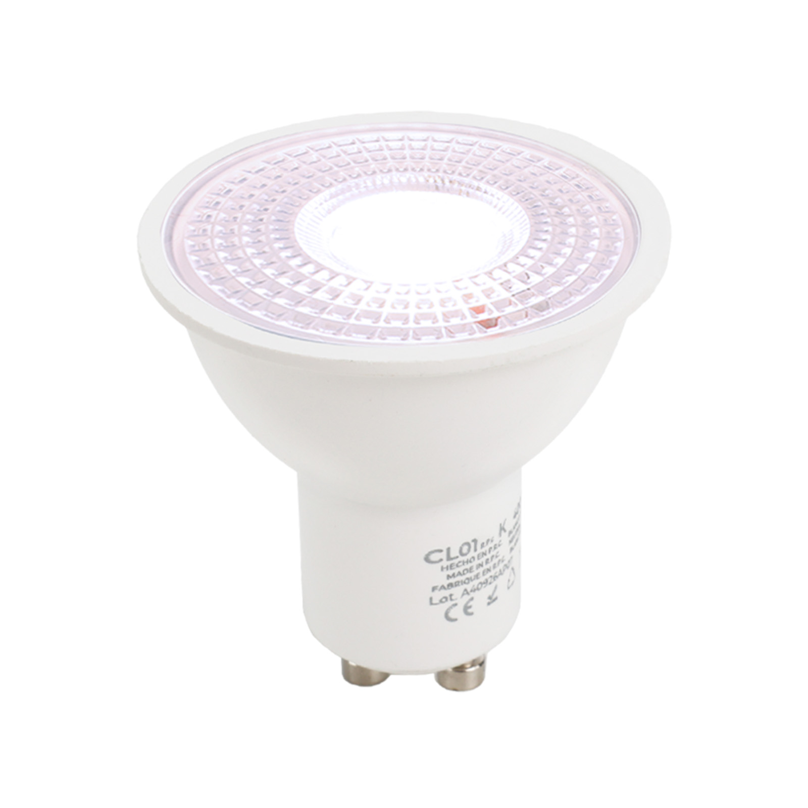 Una bombilla LED blanca con base GU10, mostrada sobre fondo blanco.