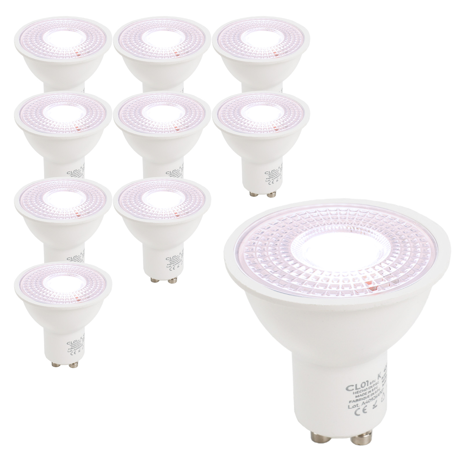 Nueve focos LED blancos con base GU10 sobre fondo blanco.