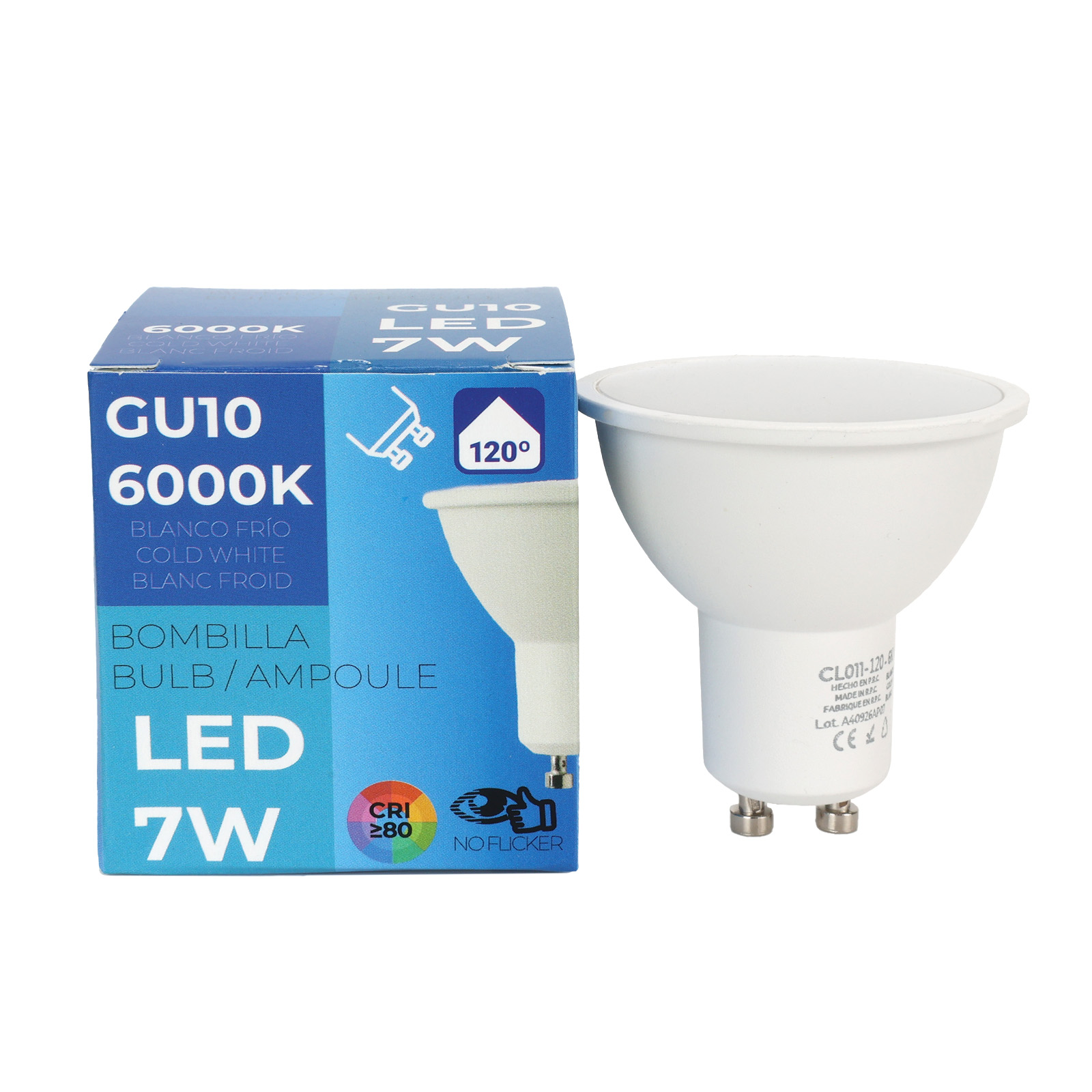 Una bombilla LED GU10 de 7W y 6000K junto a su caja.