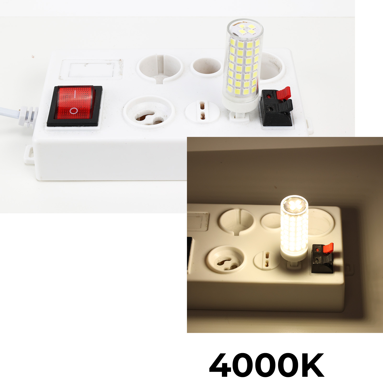 Un interruptor de luz blanco y una bombilla LED sobre una base blanca.