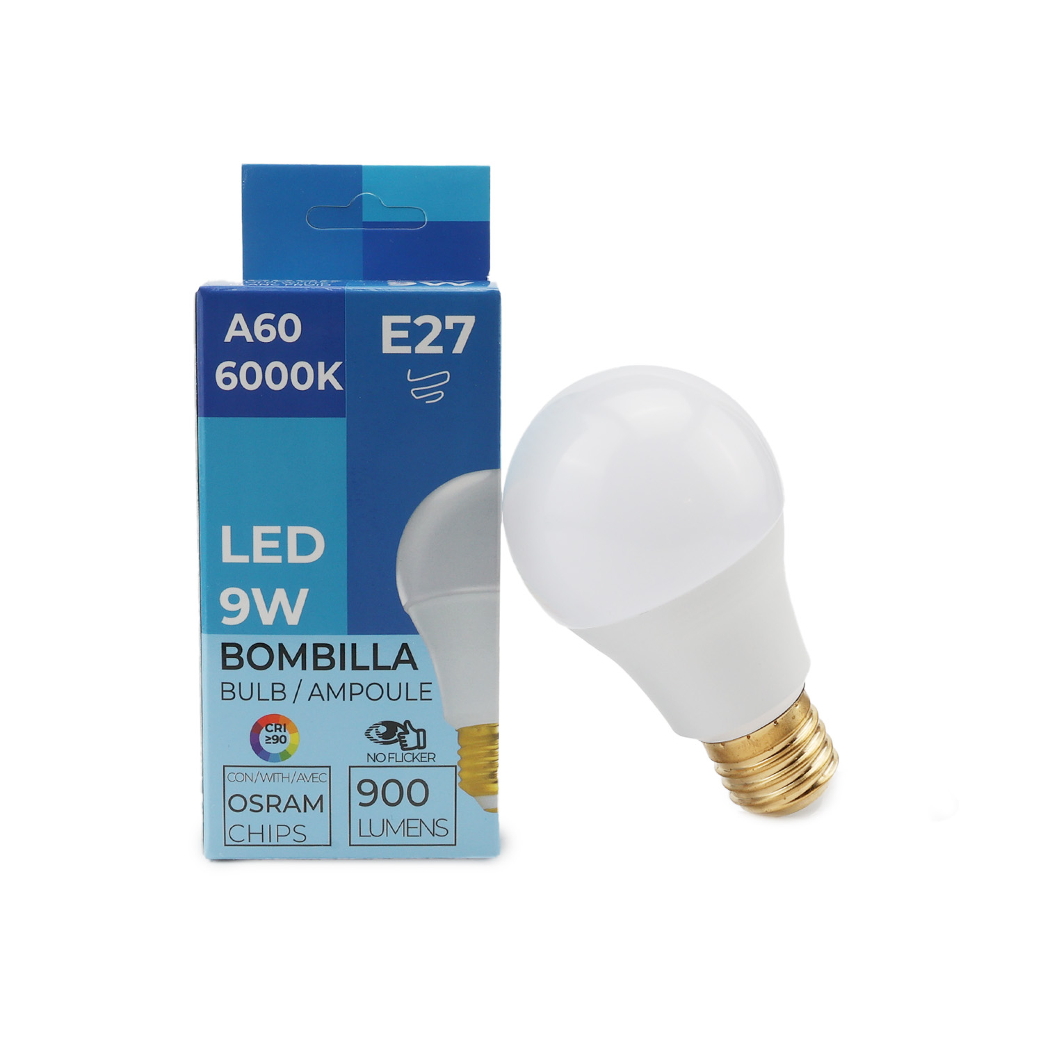 Bombilla LED A60 E27 9W, 6000K, 900 lúmenes, sin parpadeo.