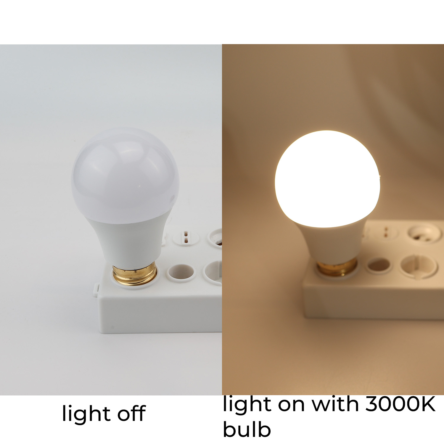 Una bombilla en una regleta, apagada a la izquierda, encendida con luz de 3000K a la derecha.