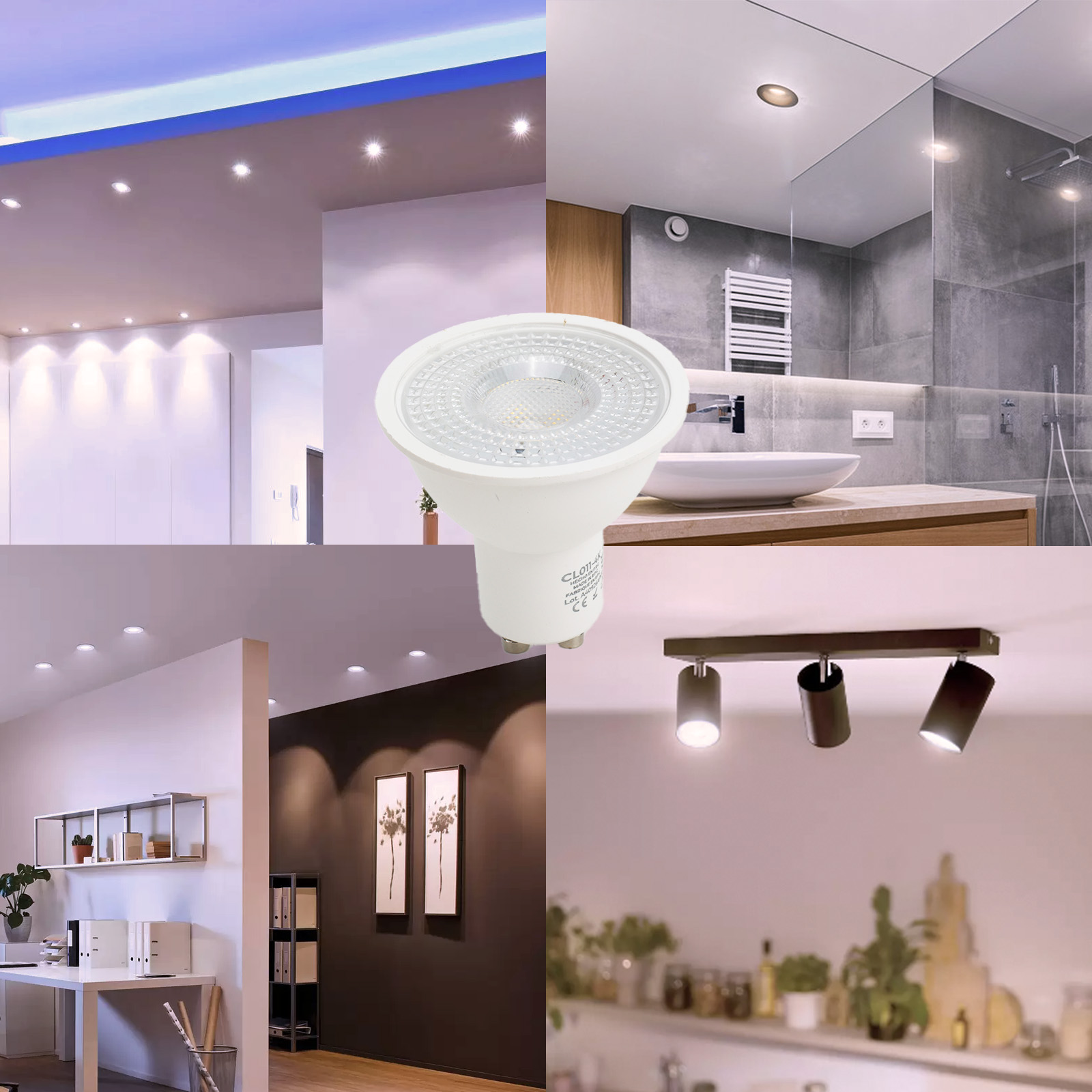 Collage de escenas de iluminación interior: luces empotradas, diseño de baño, oficinas.