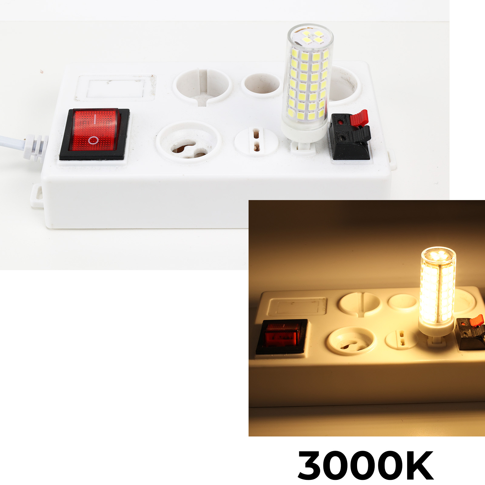 Un dispositivo de prueba blanco con un interruptor rojo y una bombilla LED encendida.