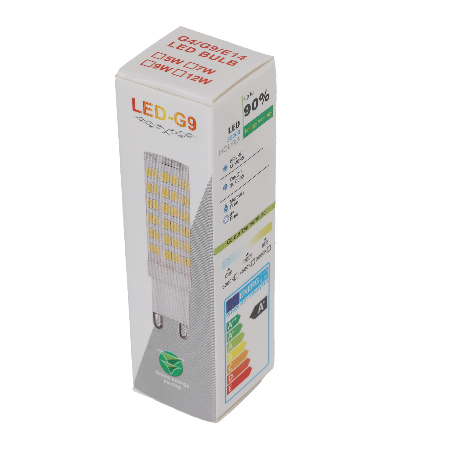 Caja de bombilla LED G4/G9/E14 con vataje, lúmenes y etiqueta de eficiencia energética.