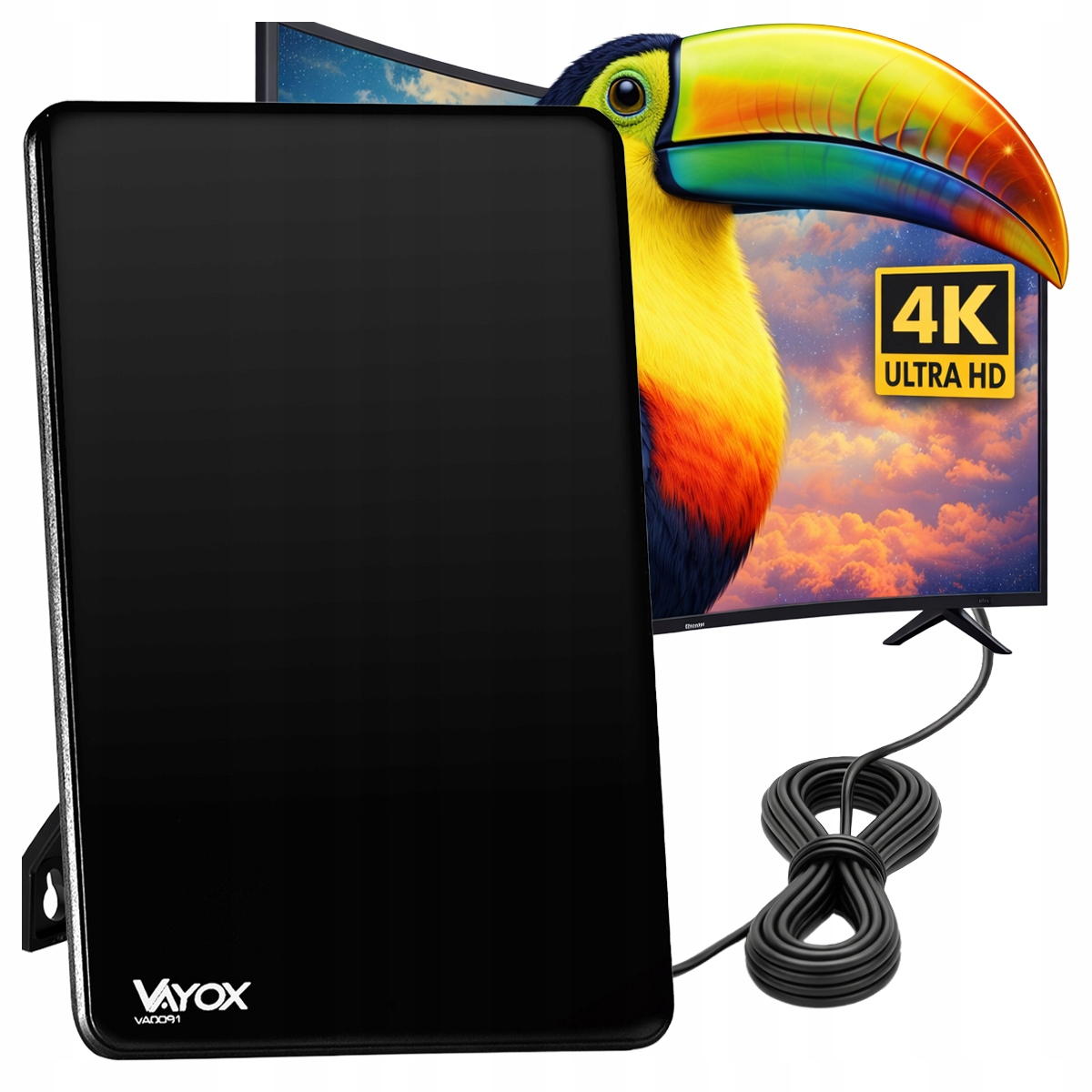 Czarna antena telewizyjna z kablem przed ekranem telewizora z tukanem i logo 4K.