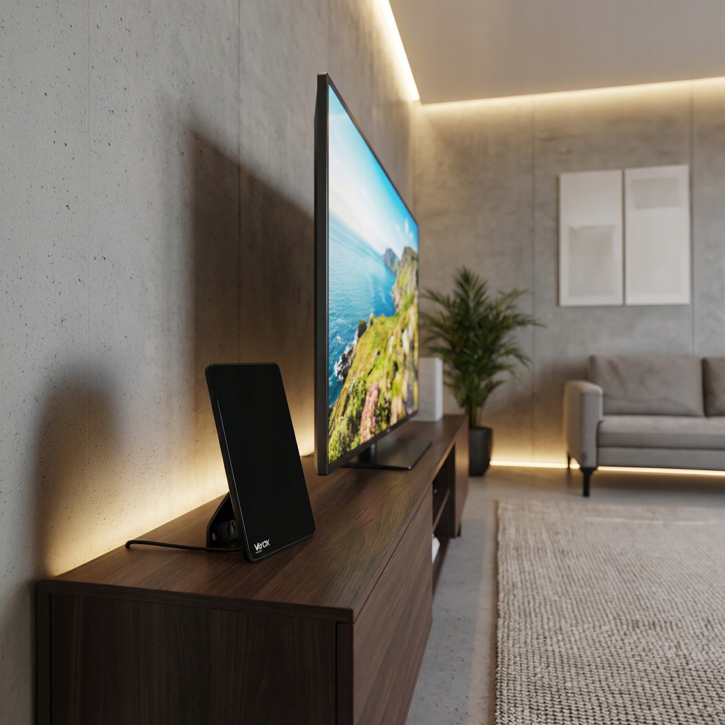 Czarny odbiornik antenowy stoi na ciemnej drewnianej szafce przed telewizorem.