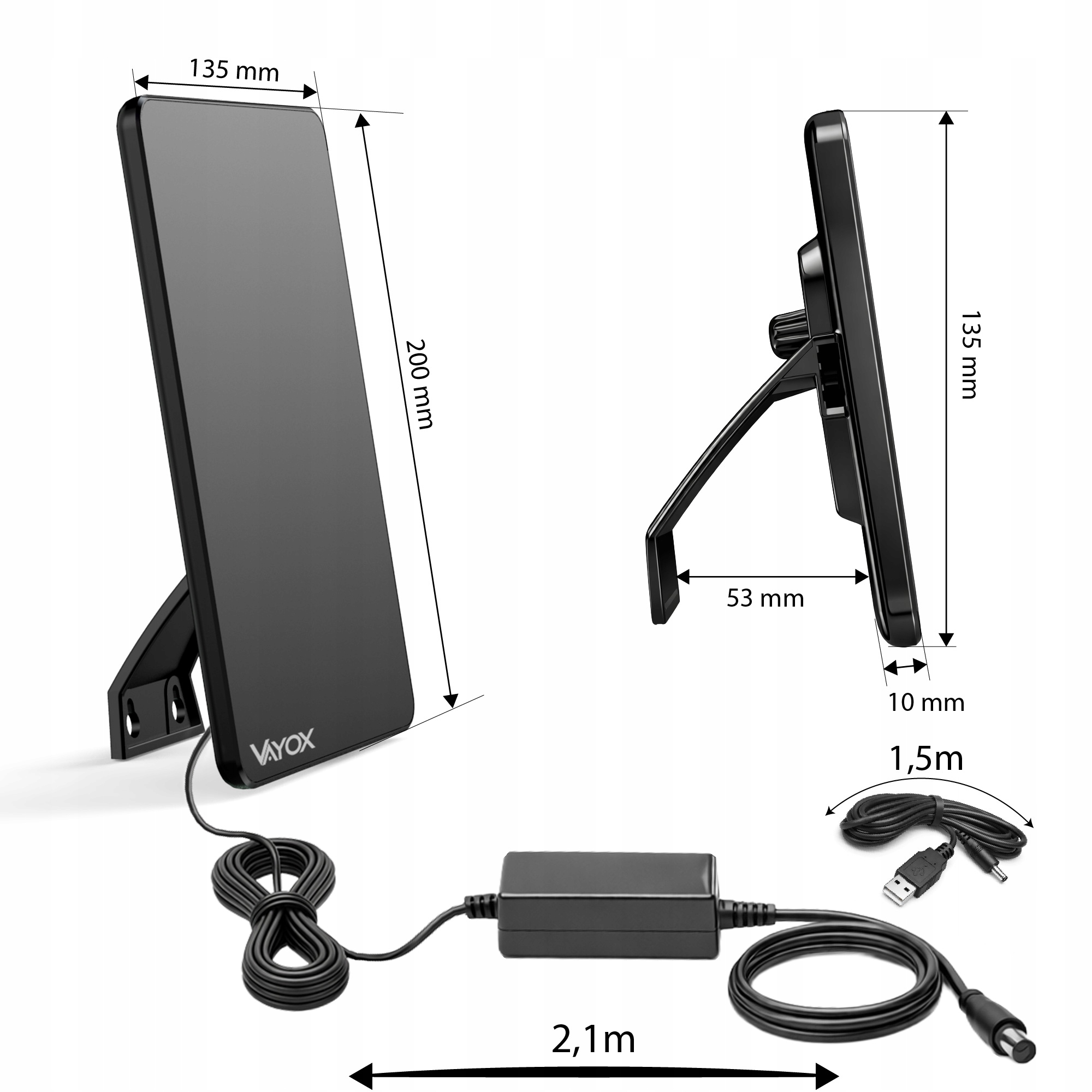 Czarny odbiornik VAYOX ze stojakiem, kablami i zasilaczem. Podano wymiary.
