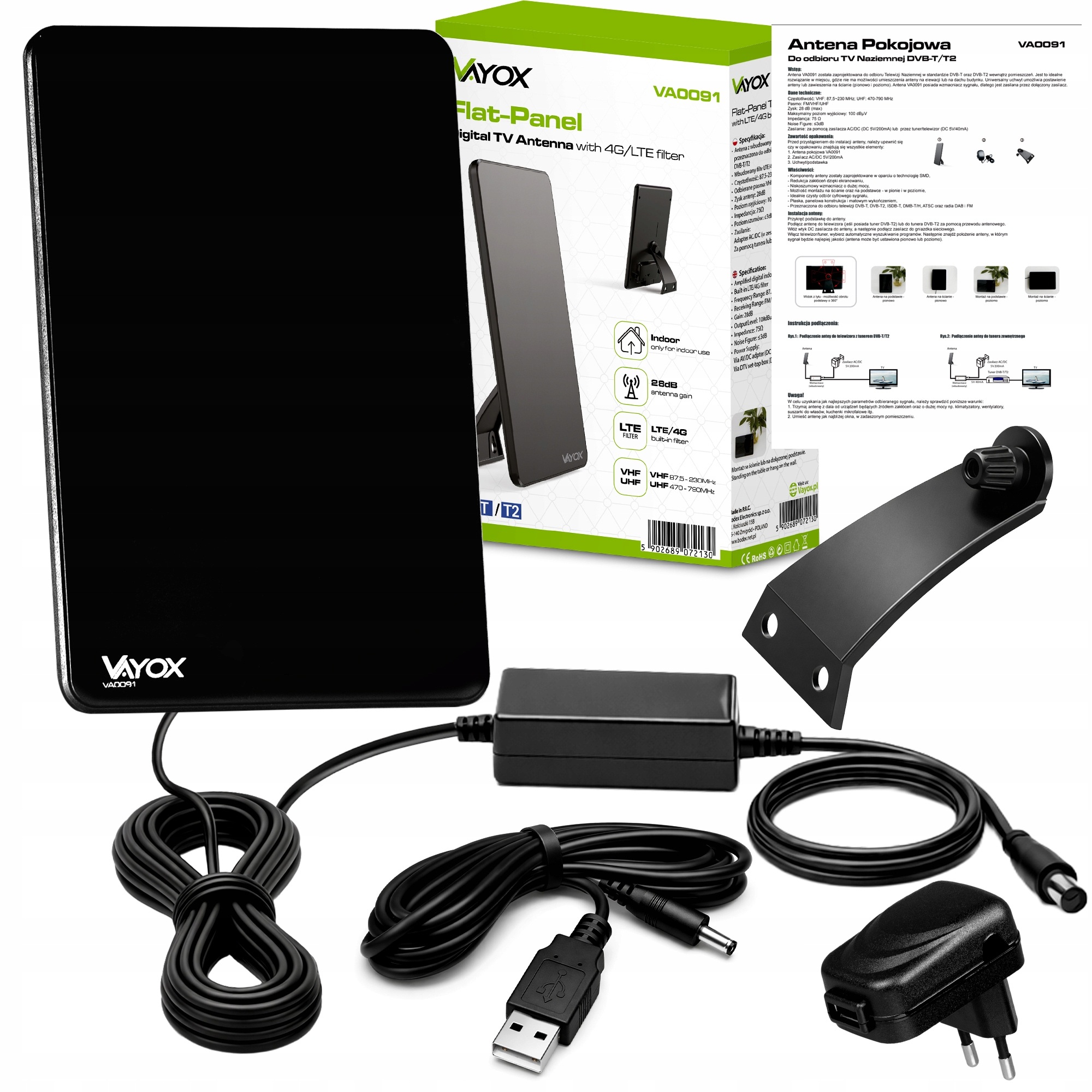 Czarna antena płaska VAYOX z akcesoriami: zasilacz, kabel USB, uchwyt.