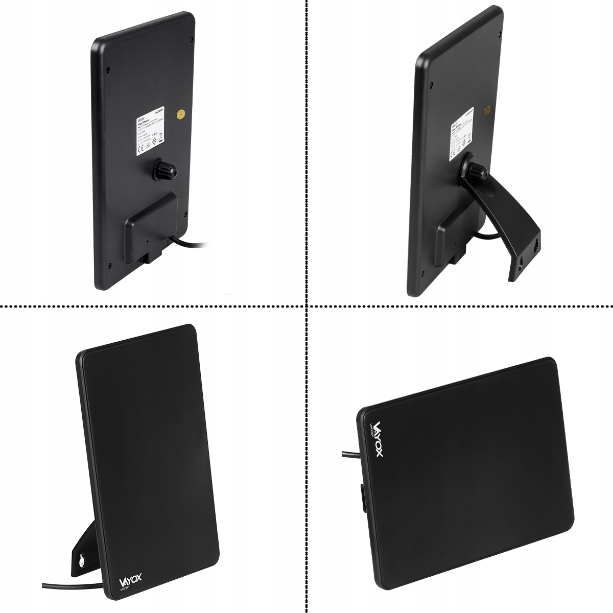 Czarna antena ze stojakiem, pokazane widoki z tyłu i z przodu.