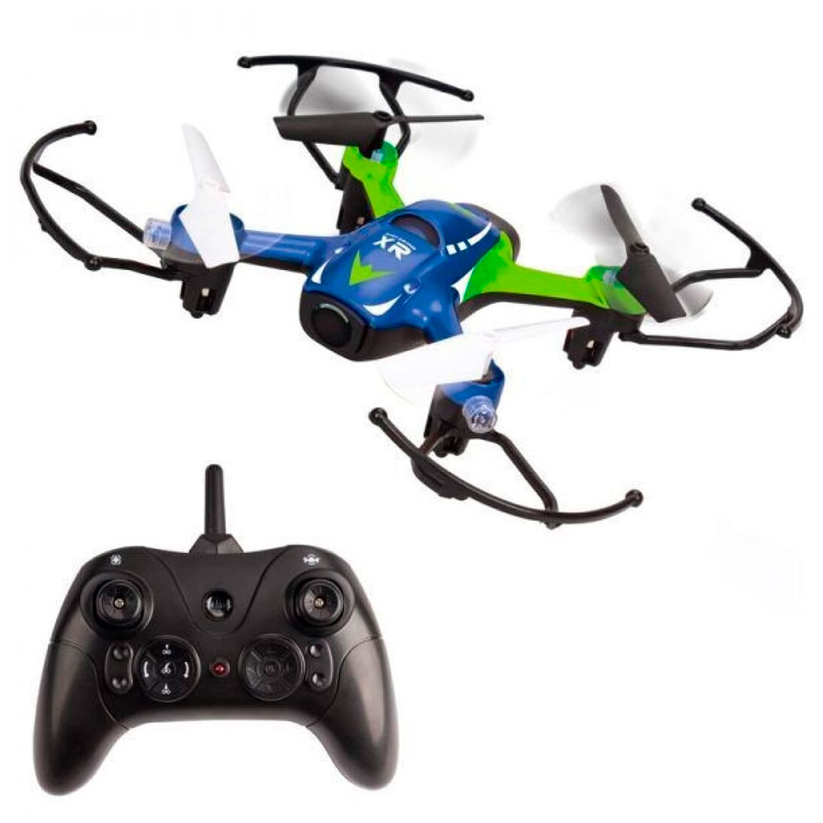 Un drone quadricottero blu e verde con telecomando nero su sfondo bianco.