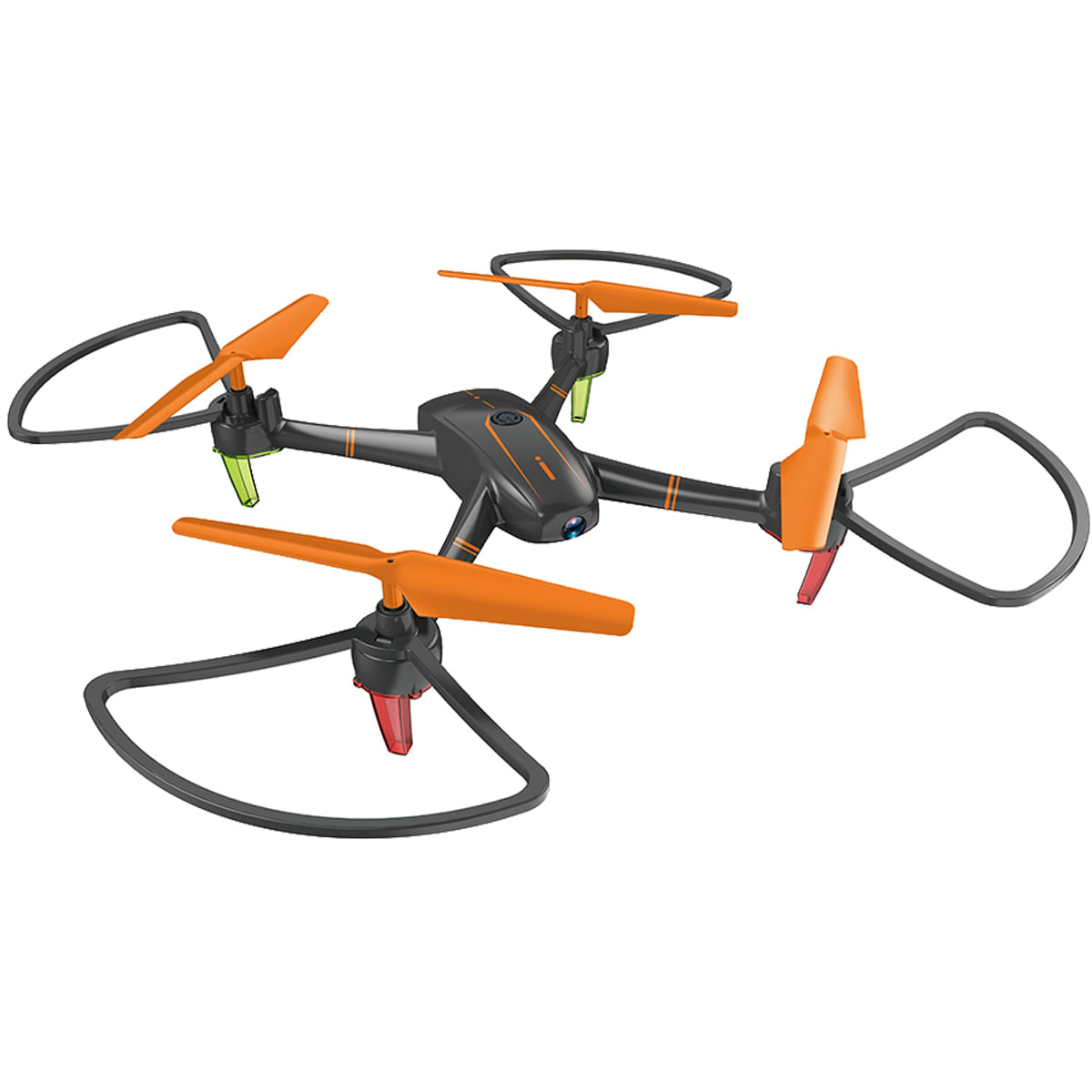 Un dron cuatricóptero negro y naranja con hélices y una cámara.