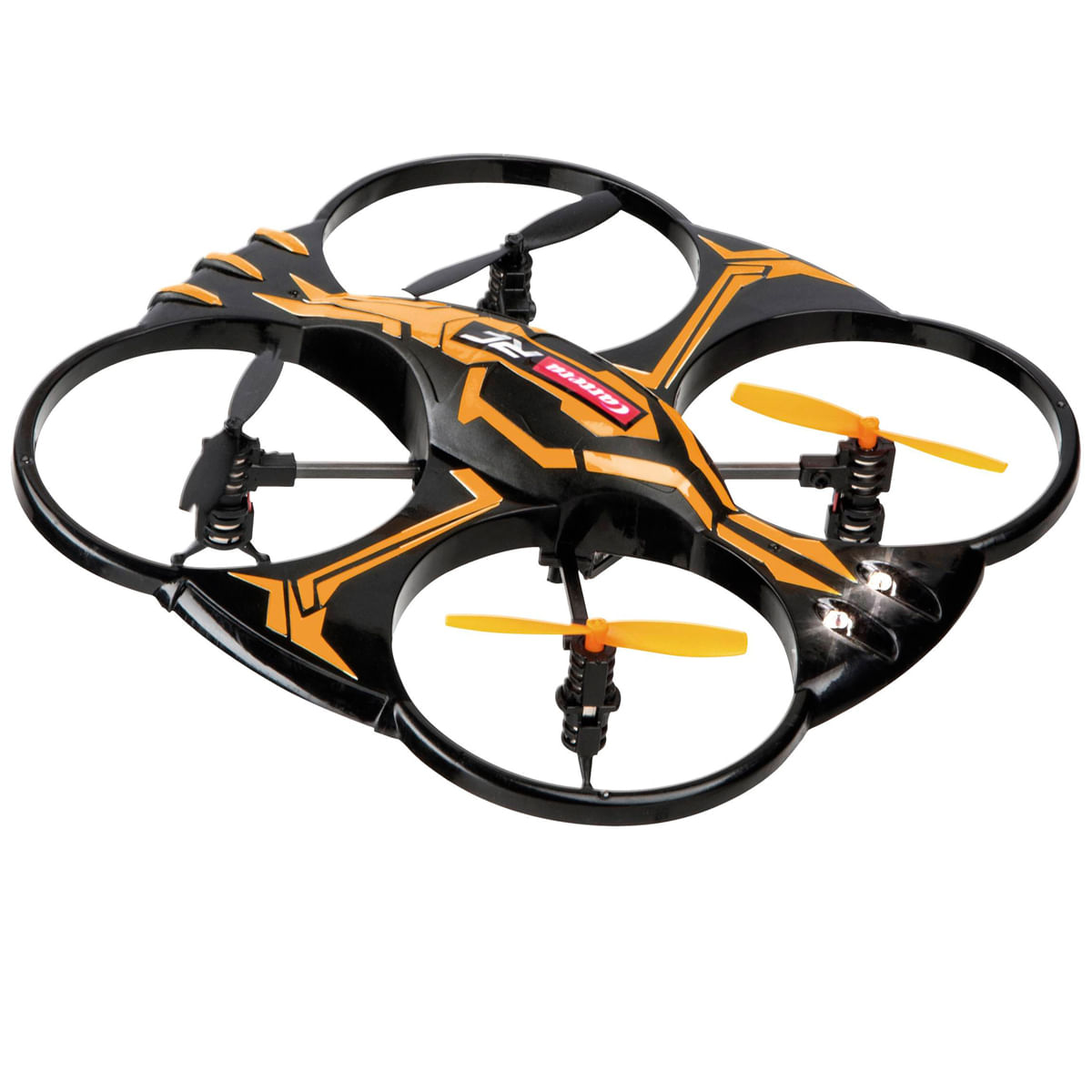 Un drone RC nero e arancione con quattro eliche e luci.
