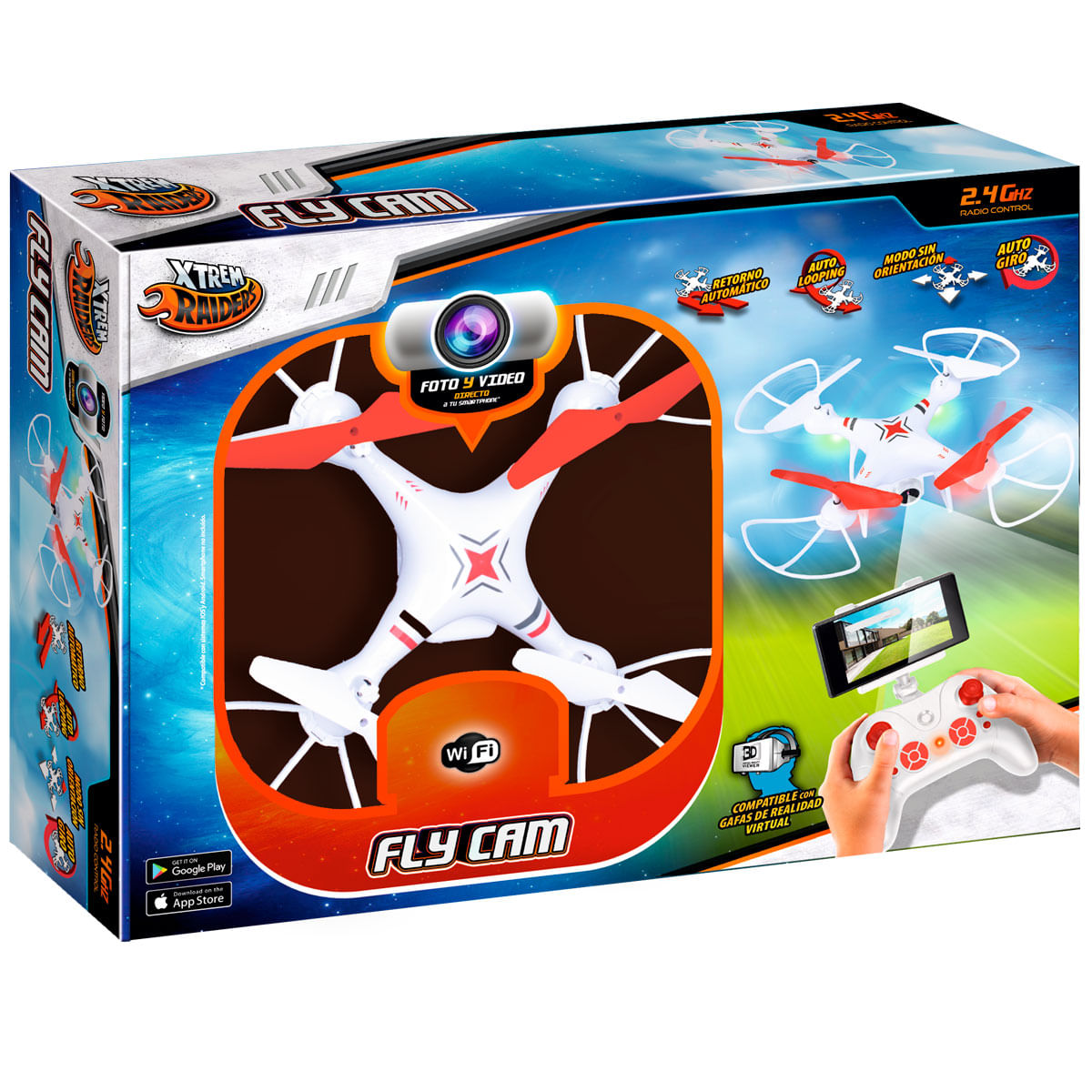 Embalaje de un set de dron Fly Cam blanco y rojo con control remoto y smartphone.