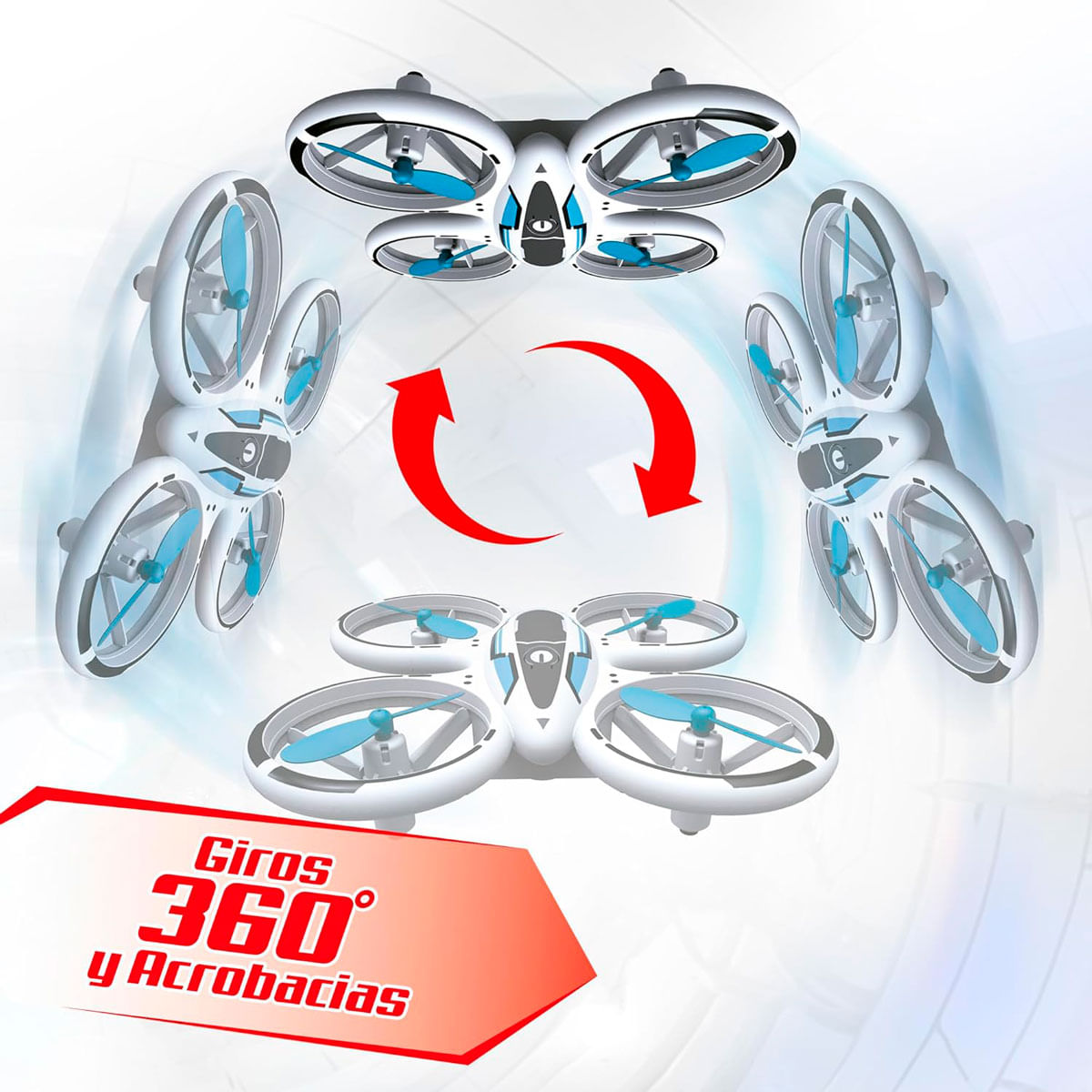 Un drone bianco e blu con frecce rosse che indicano rotazioni di 360 gradi.