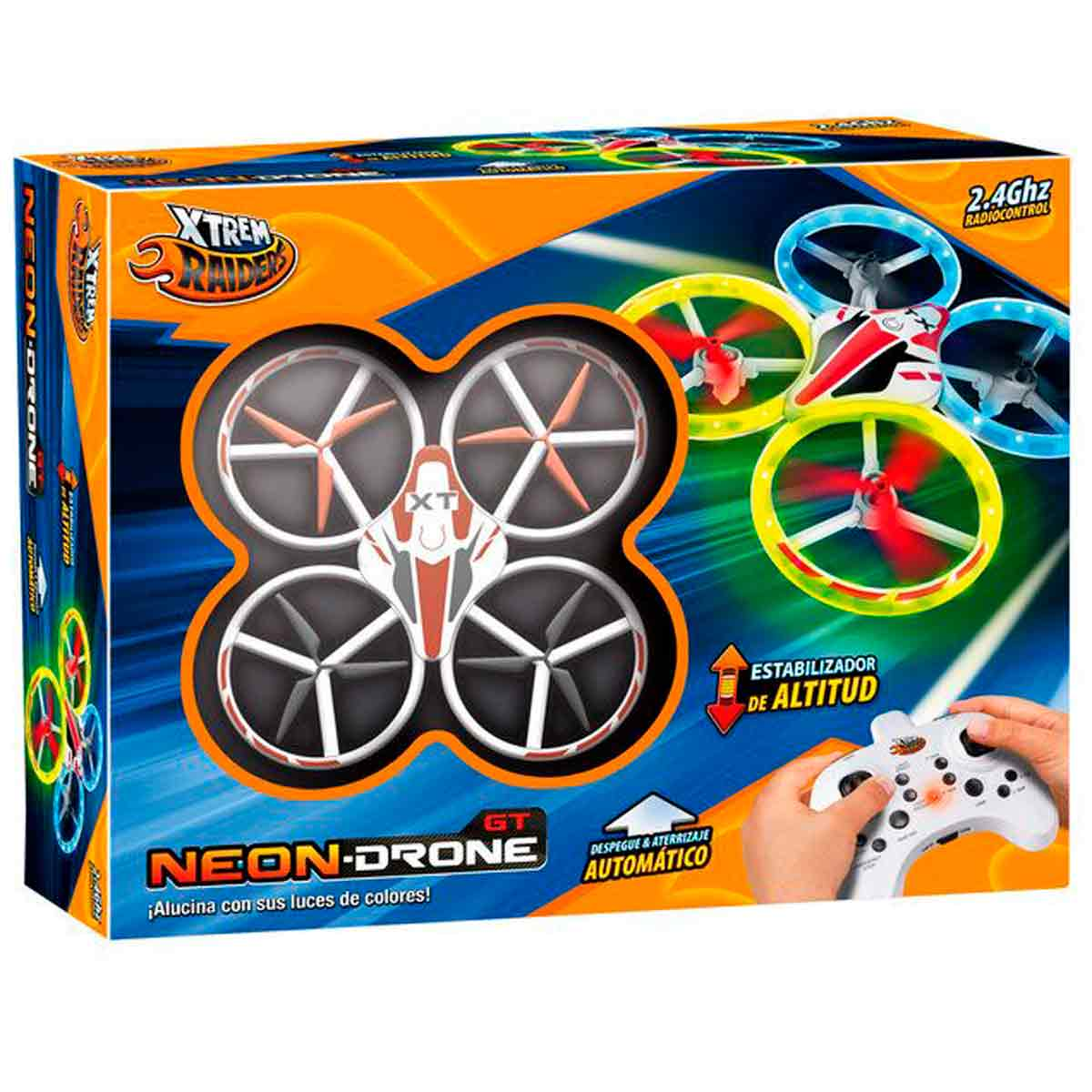 Scatola con drone al neon, telecomando ed eliche rosse, gialle e blu.