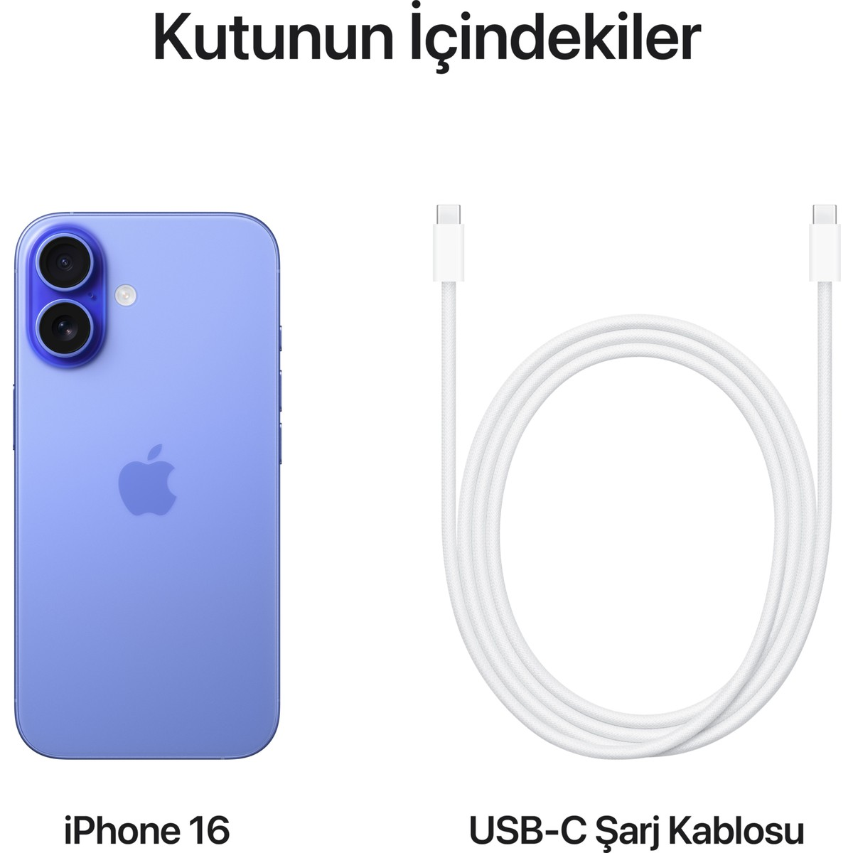 Fioletowy iPhone 16 i biały kabel ładujący USB-C są pokazane obok siebie.