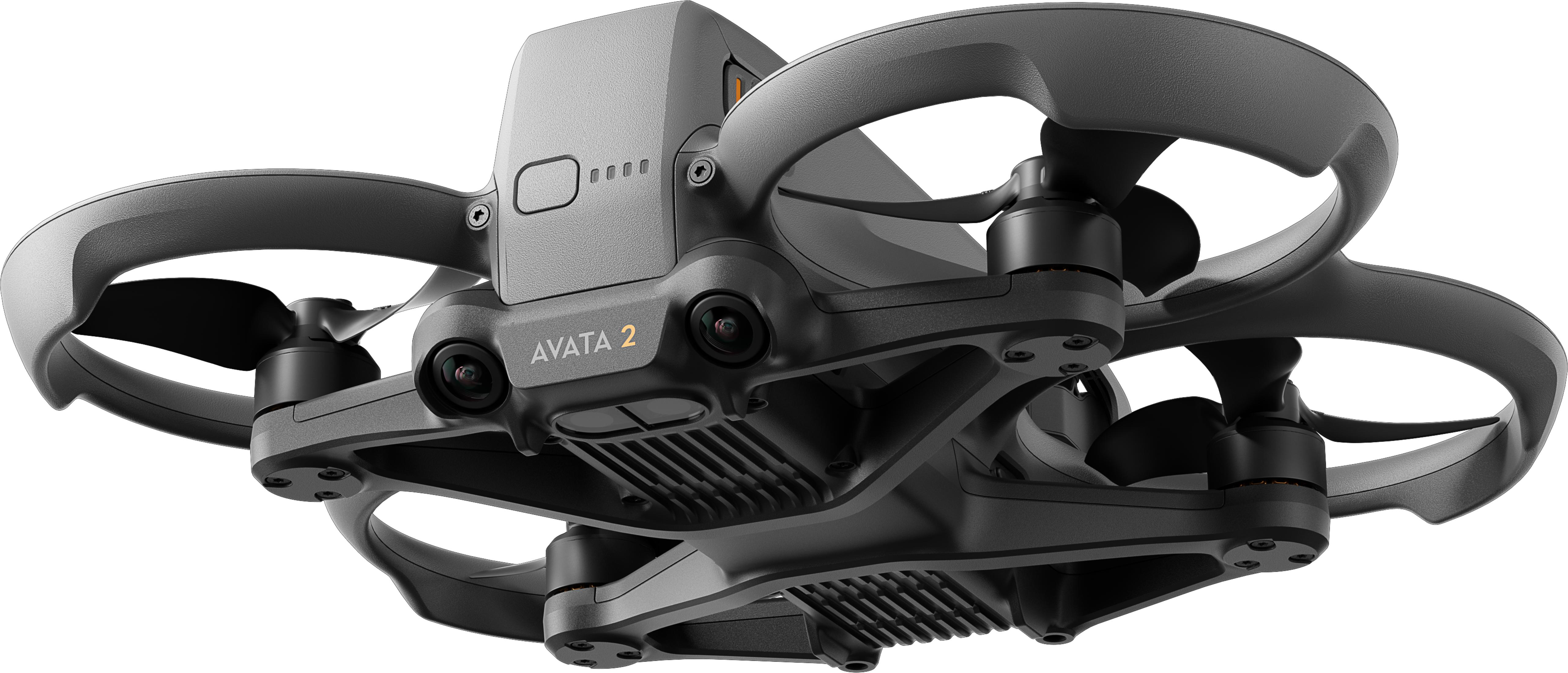 Ein grauer DJI Avata 2 Drohne mit Propellern und Kameras.