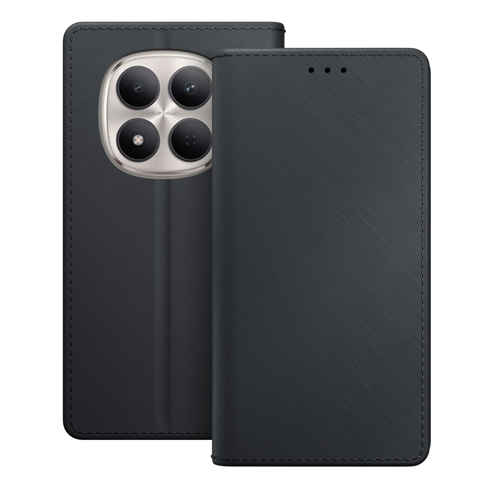 Czarny telefon z etui z klapką, pokazujący moduł aparatu z tyłu.