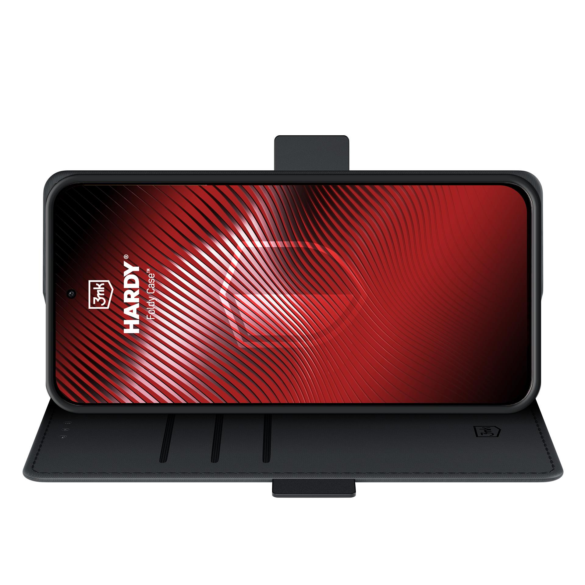 Czarny telefon z czerwonym falistym tłem i logo.