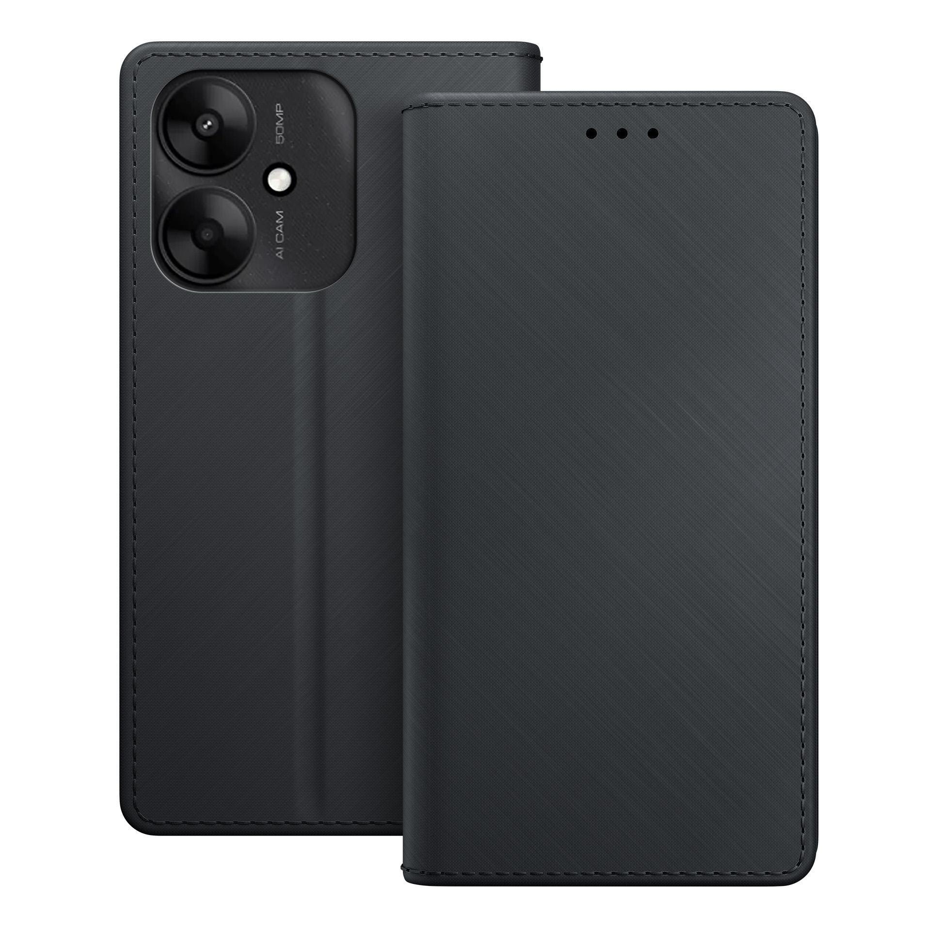Czarny smartfon z aparatem 50MP i pasującym etui typu flip.