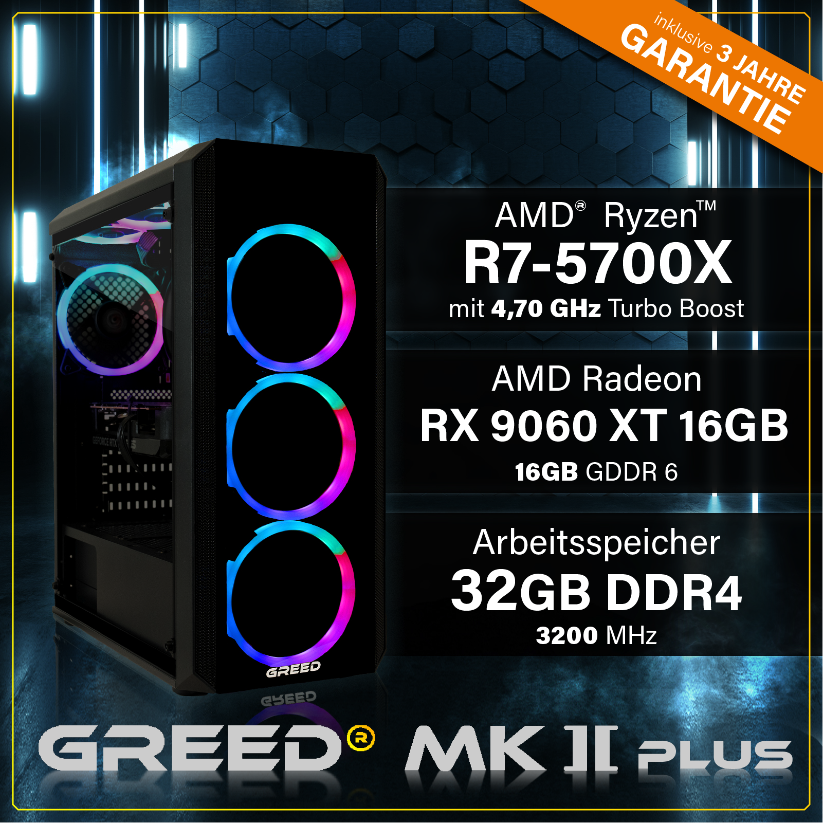 PC Gaming z AMD Ryzen R7-5700X, RX 9060 XT, 32GB DDR4 RAM.