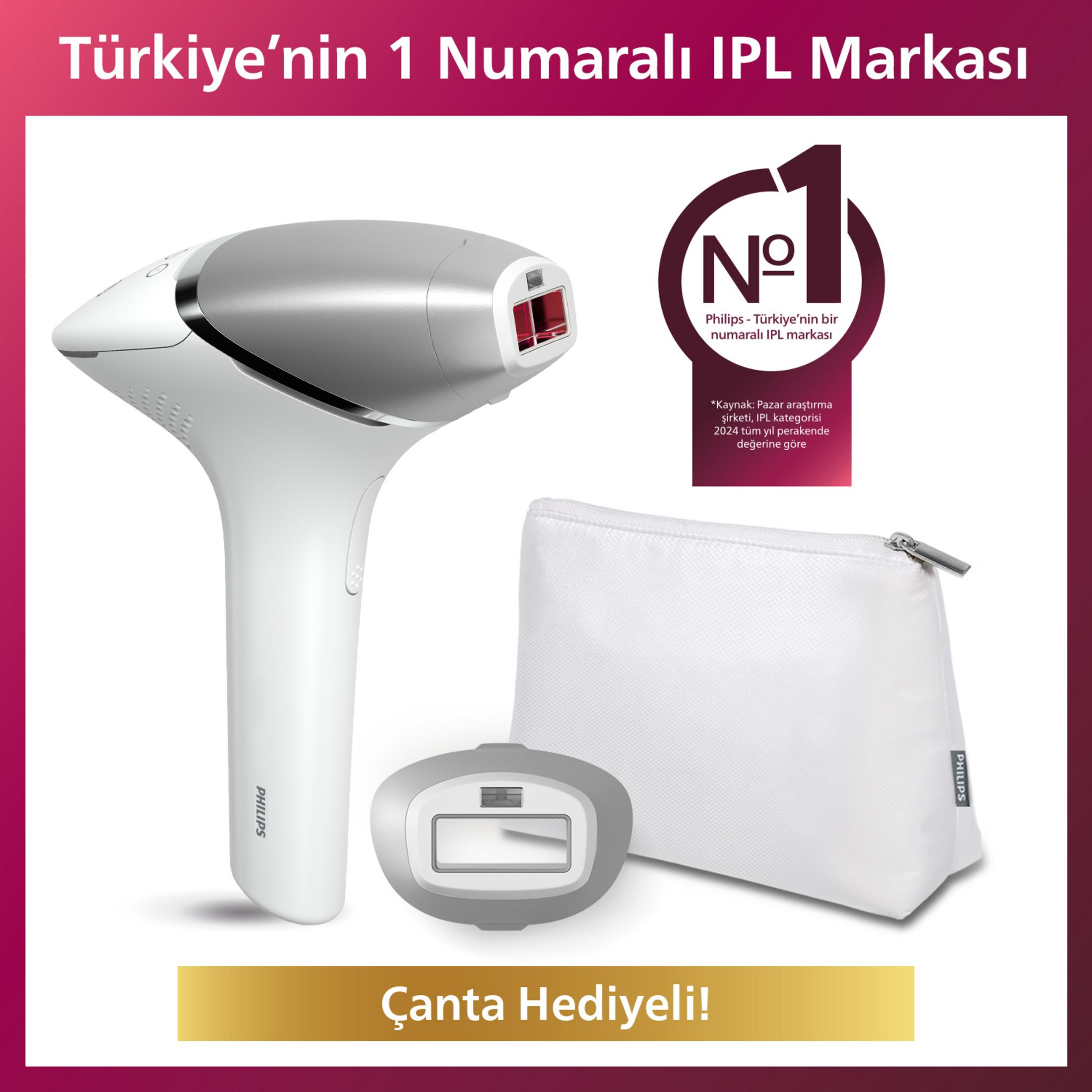 Aksesuar ve çantasıyla beyaz IPL tüy dökücü. "Türkiye'nin 1 numaralı IPL markası."