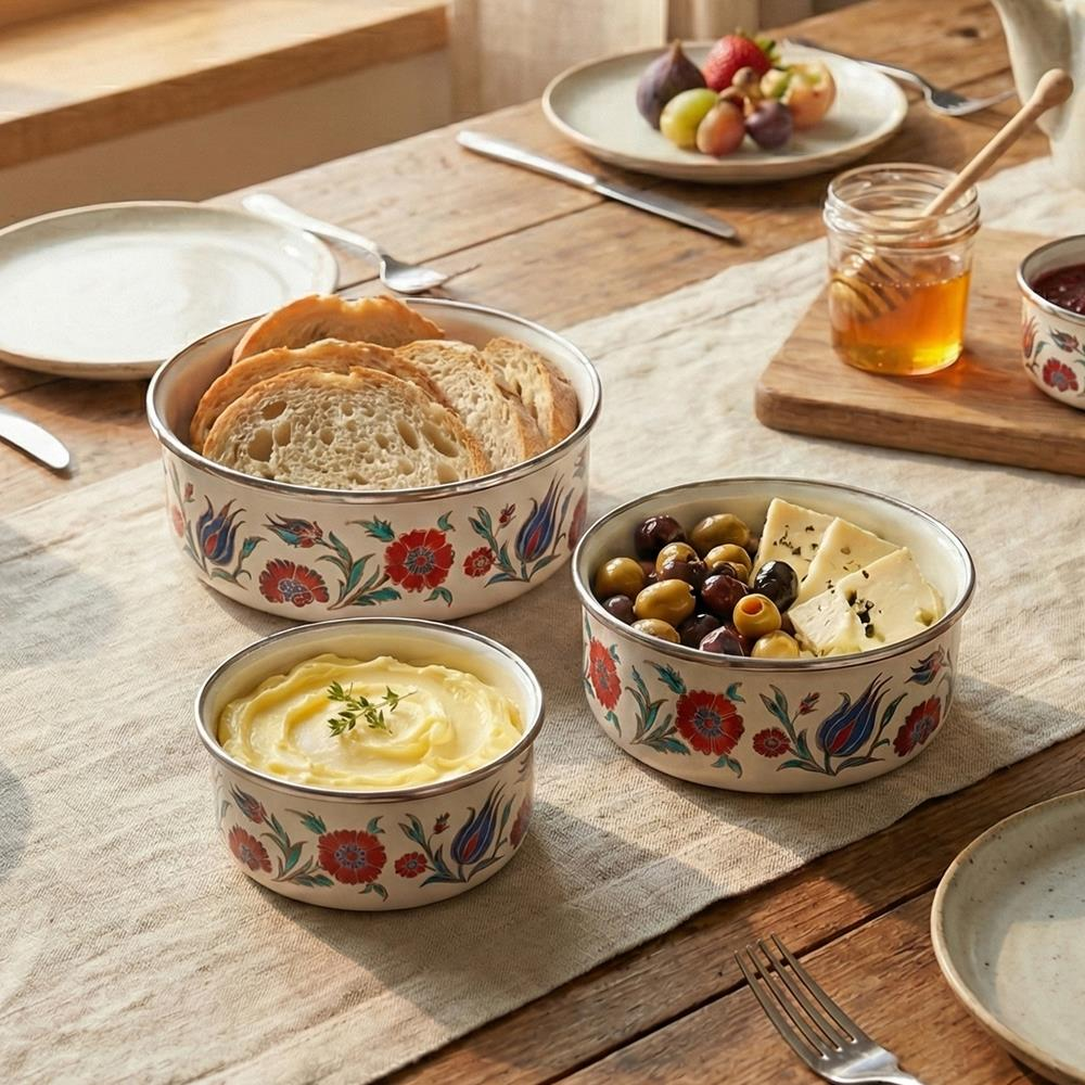 Ahşap bir masada ekmek, zeytin ve peynir, tereyağı ve bal içeren üç kase.