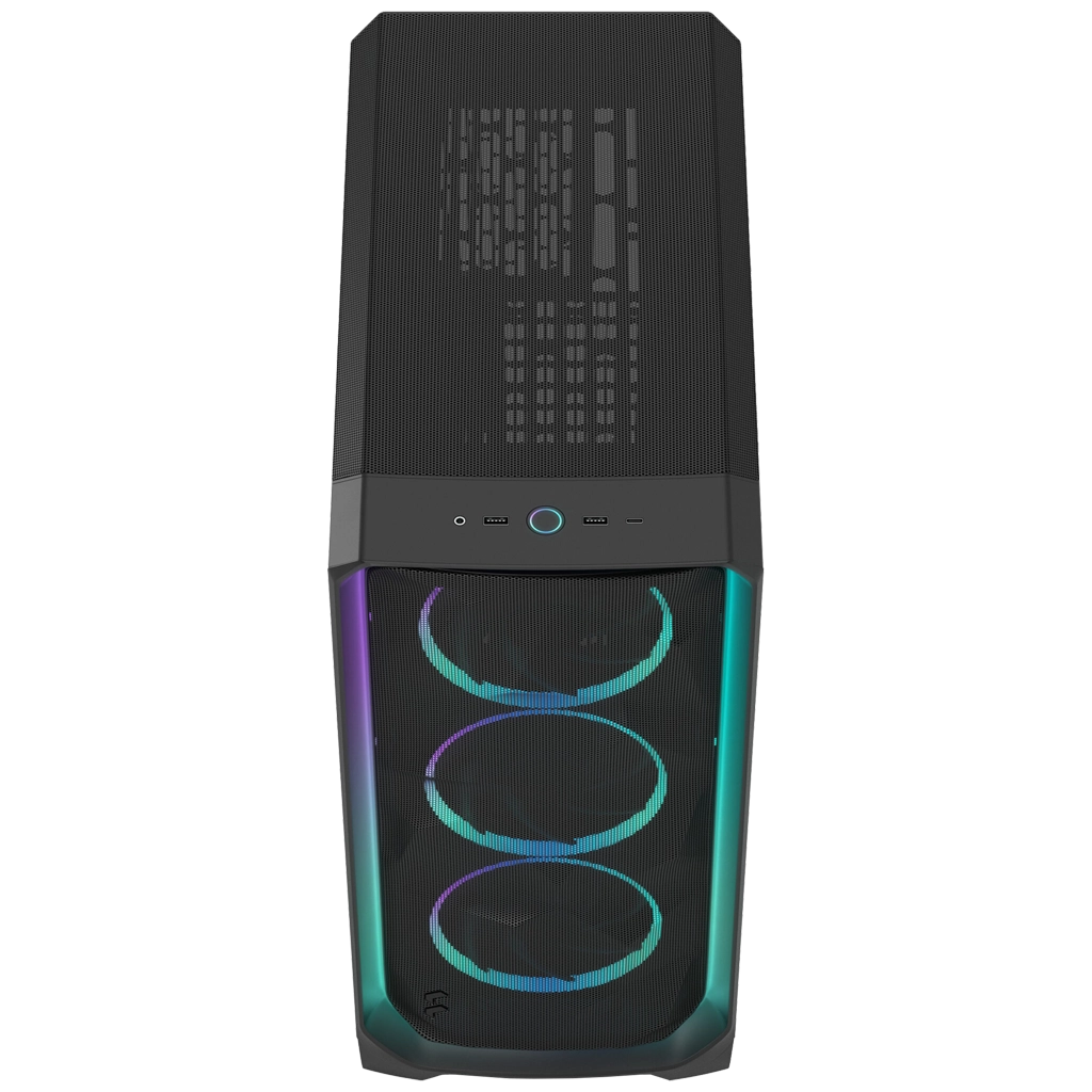 Zwarte pc-behuizing met RGB-ventilatoren en mesh-voorkant.
