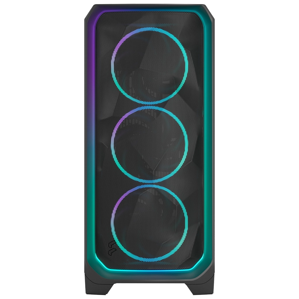 Zwarte pc-behuizing met RGB-ventilatoren en verlichte randen.